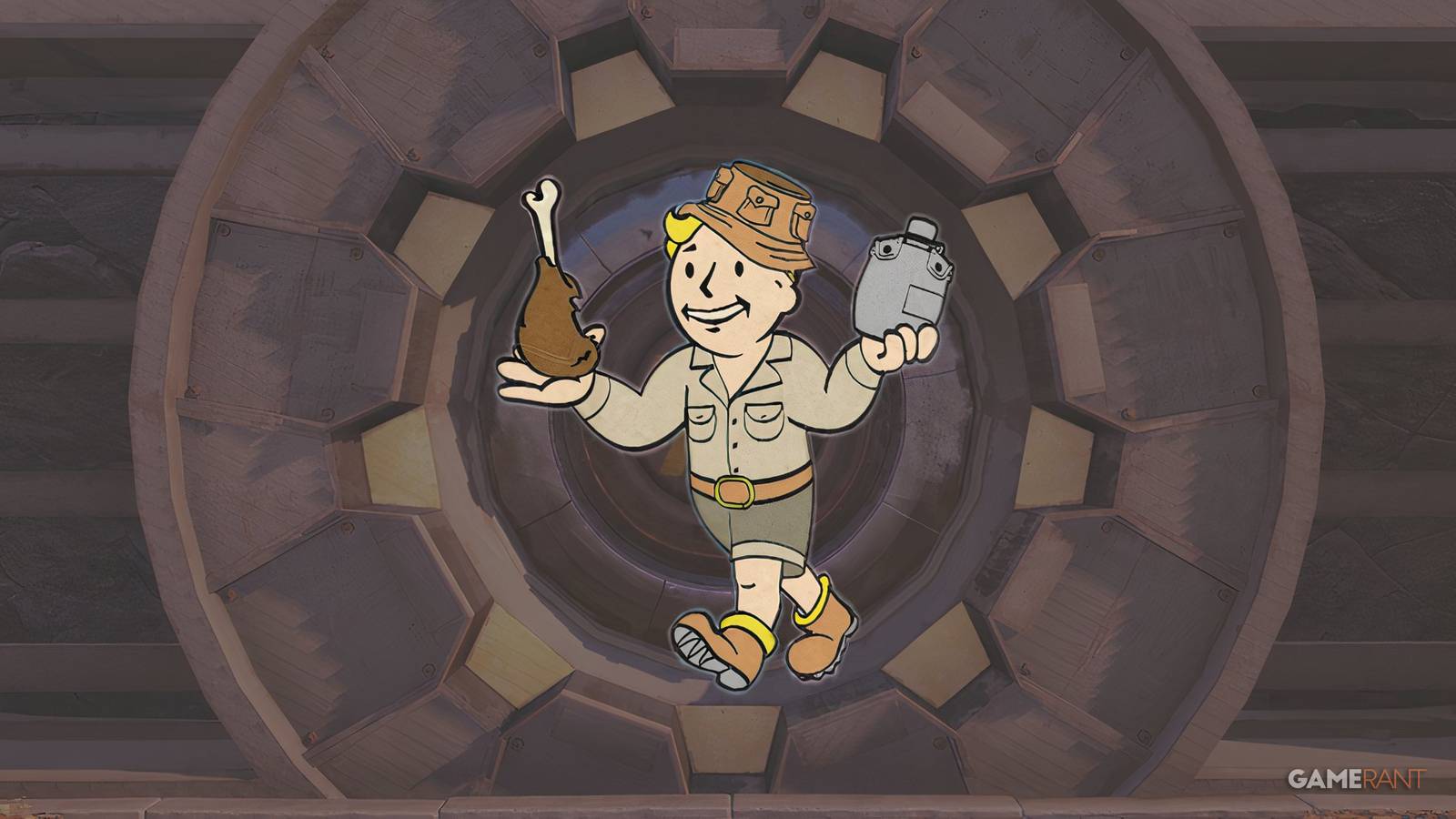 Fallout 76 Vault 76 with Vault Boy Thru Hiker Endurance Perk Card Art edit GAMERANT