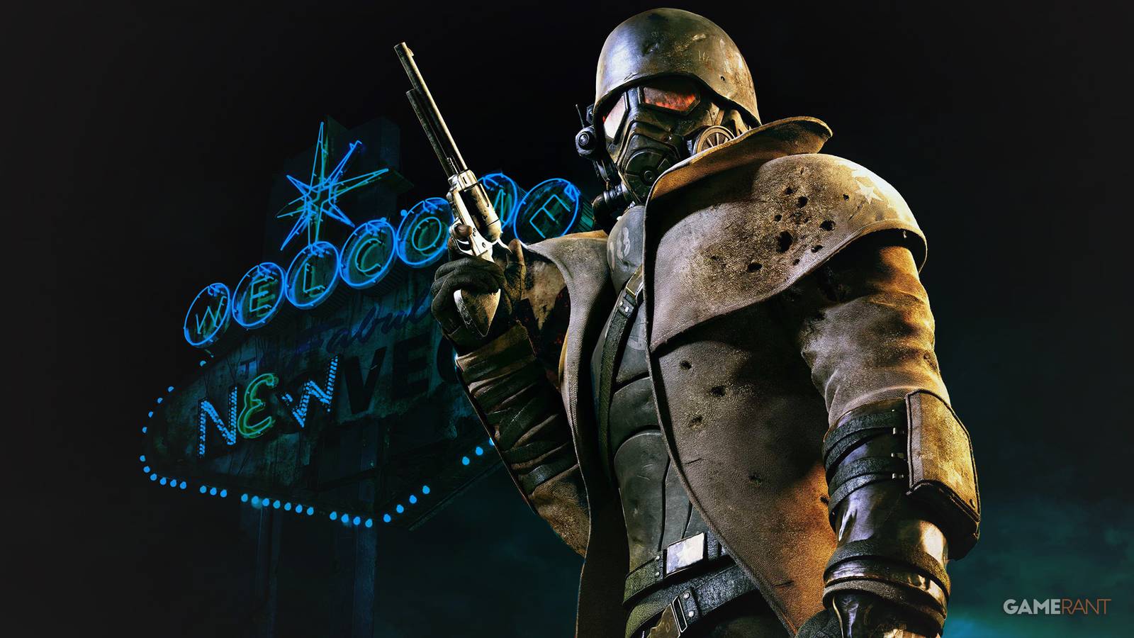 Fallout New Vegas ranger uniform with revolver dark blue background 2x1 composite