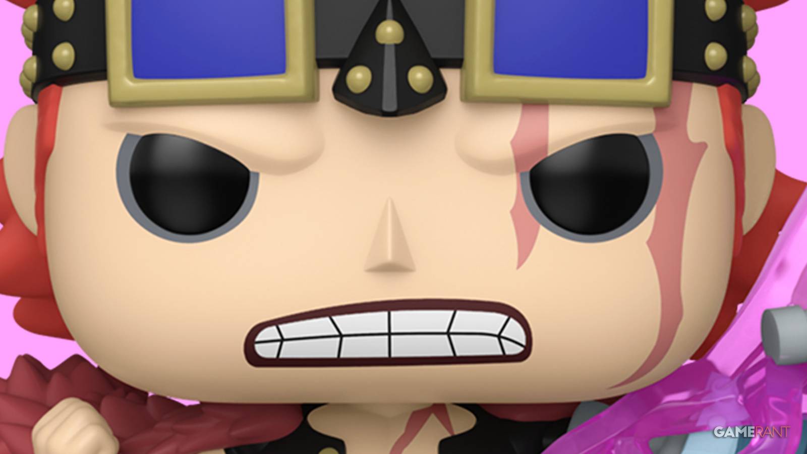 Funko Pop One Piece Eustass Kid close-up 2x1 composite pink background