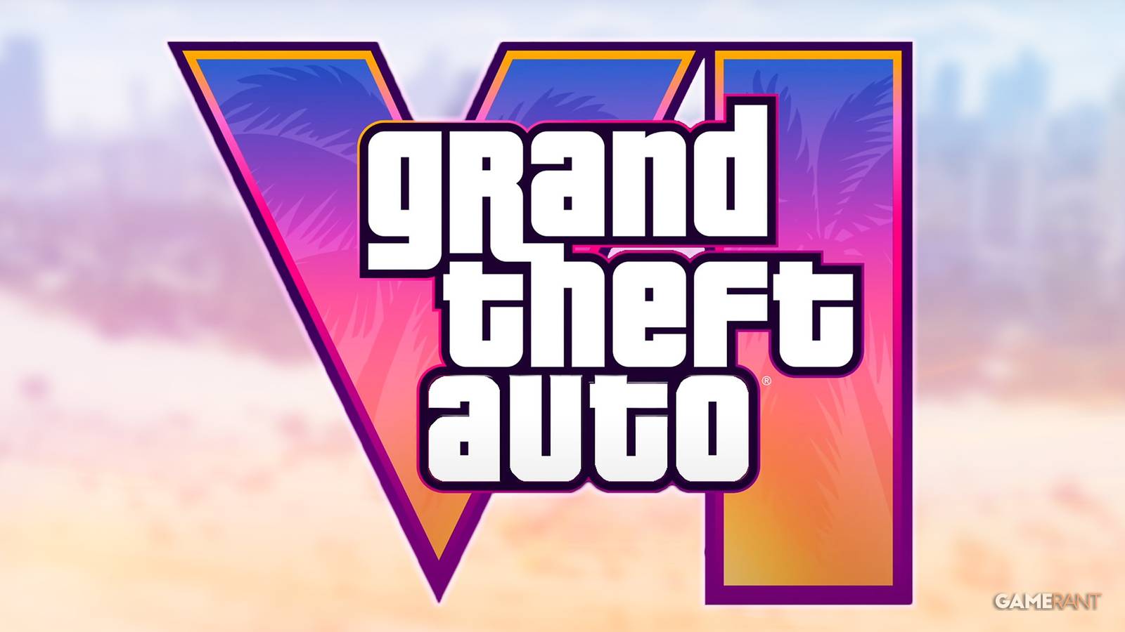 Grand Theft Auto VI logo over blurred GTA 6 trailer 1 birds-eye-view of beach still frame