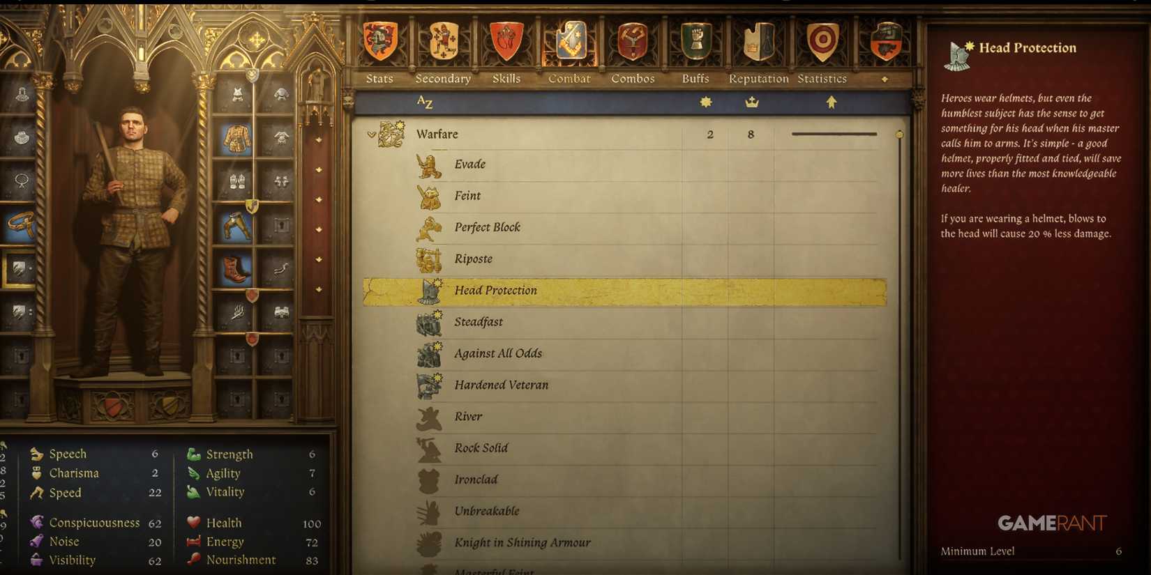 Head Protection perk displayed in the skill menu, enhancing combat in Kingdom Come Deliverance 2