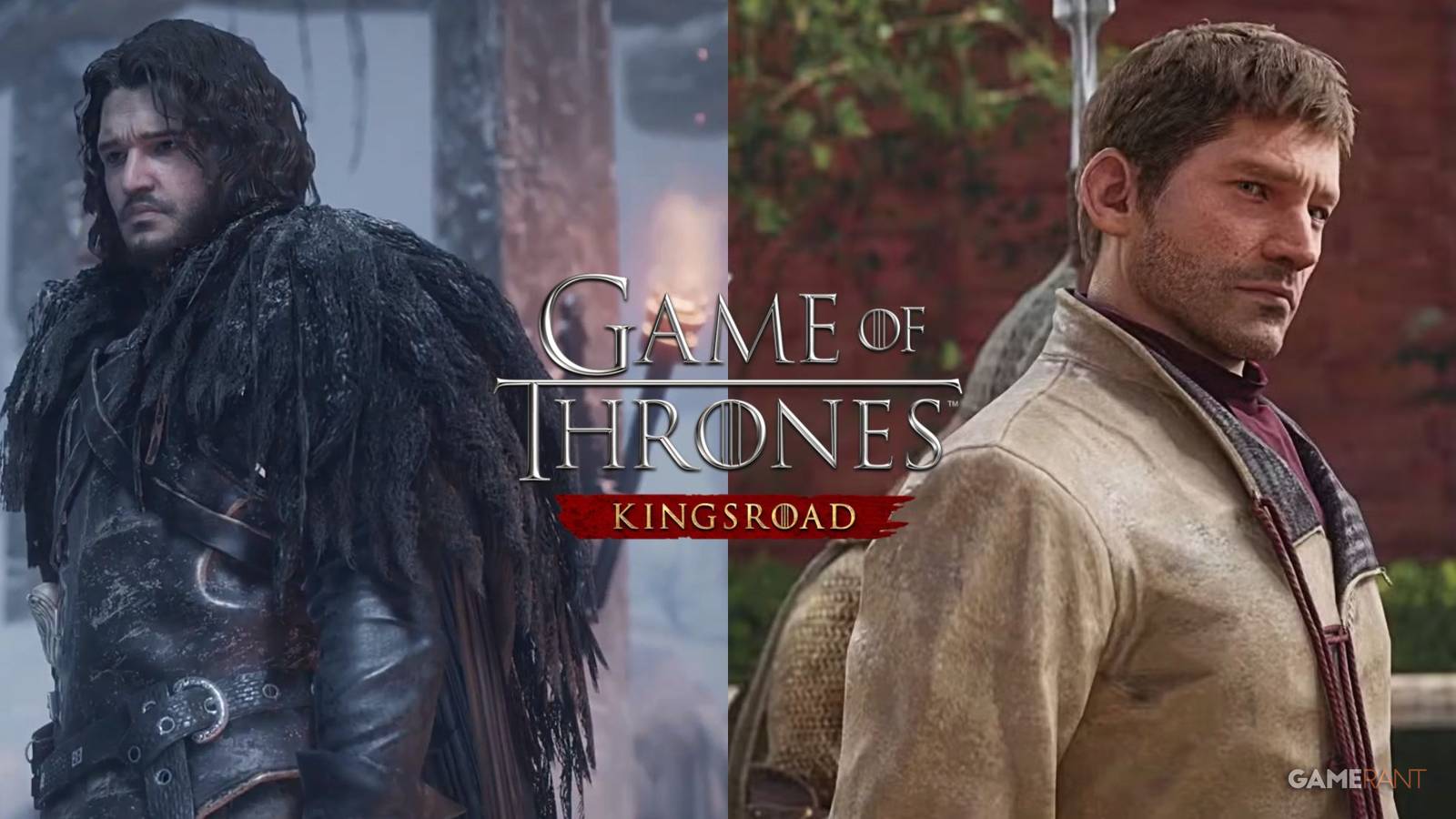 How Game of Thrones: Kingsroad logo superimposed on top of screenshots of Jon Snow and Jaime Lannister