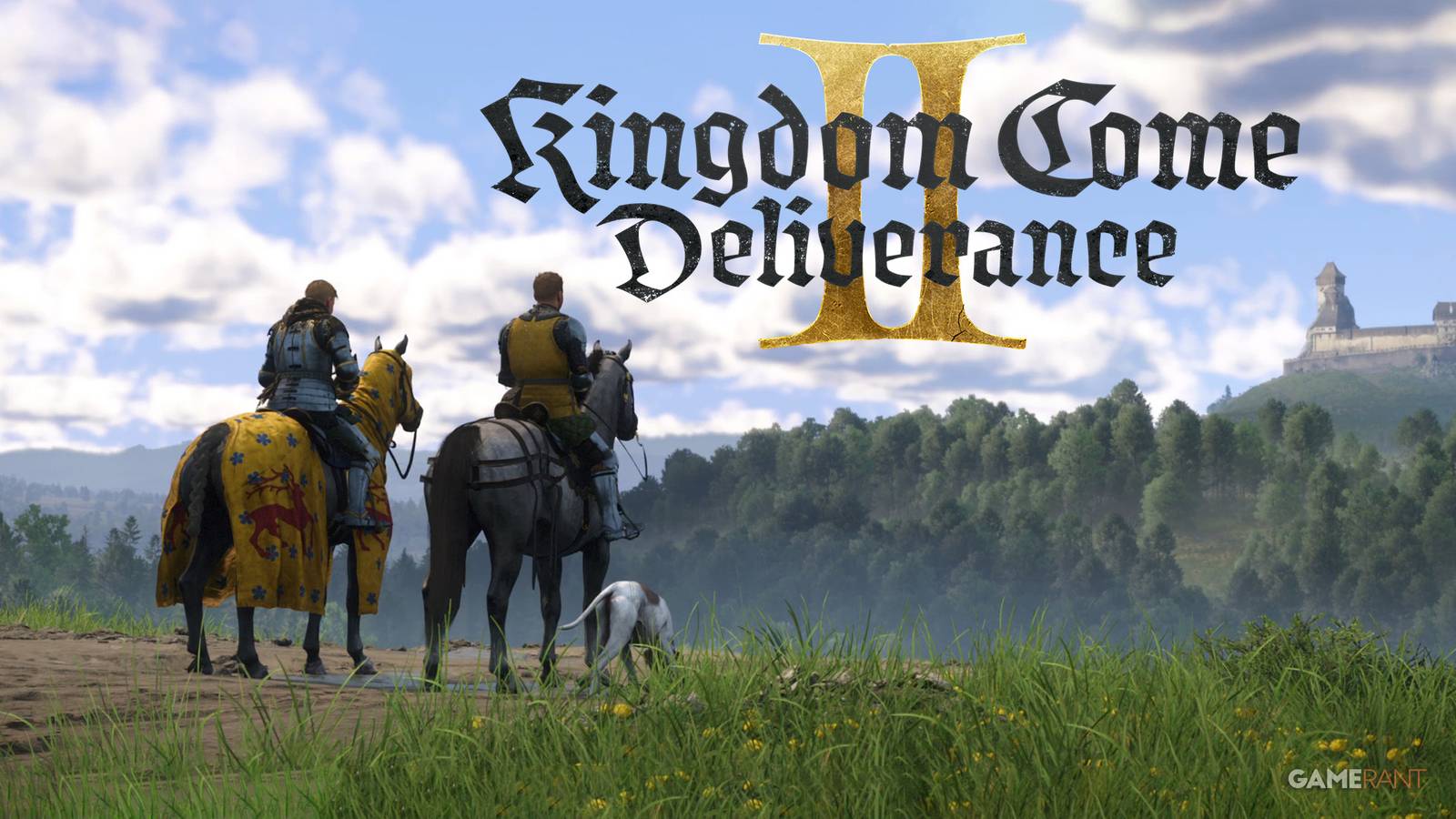 Kingdom Come Deliverance 2 Henry and Hans on horses in front of Bergow castle game logo 2x1 composite