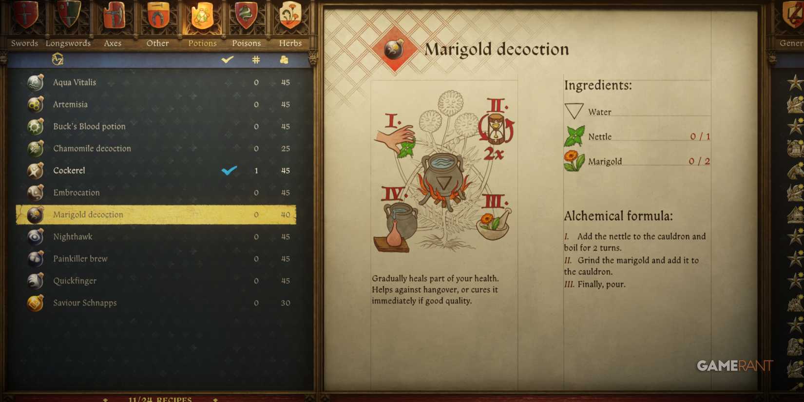 Marigold Decoction heals health and cures hangovers, a favorite in the best potions for Kingdom Come 2