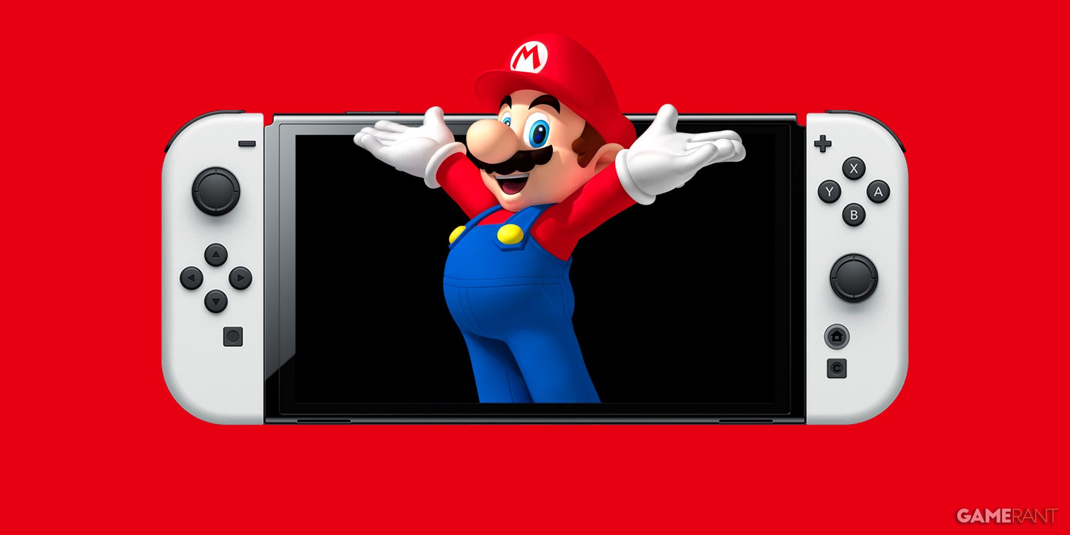 Mario emerging from Switch OLED Model with arms wide open red background 2x1 composite