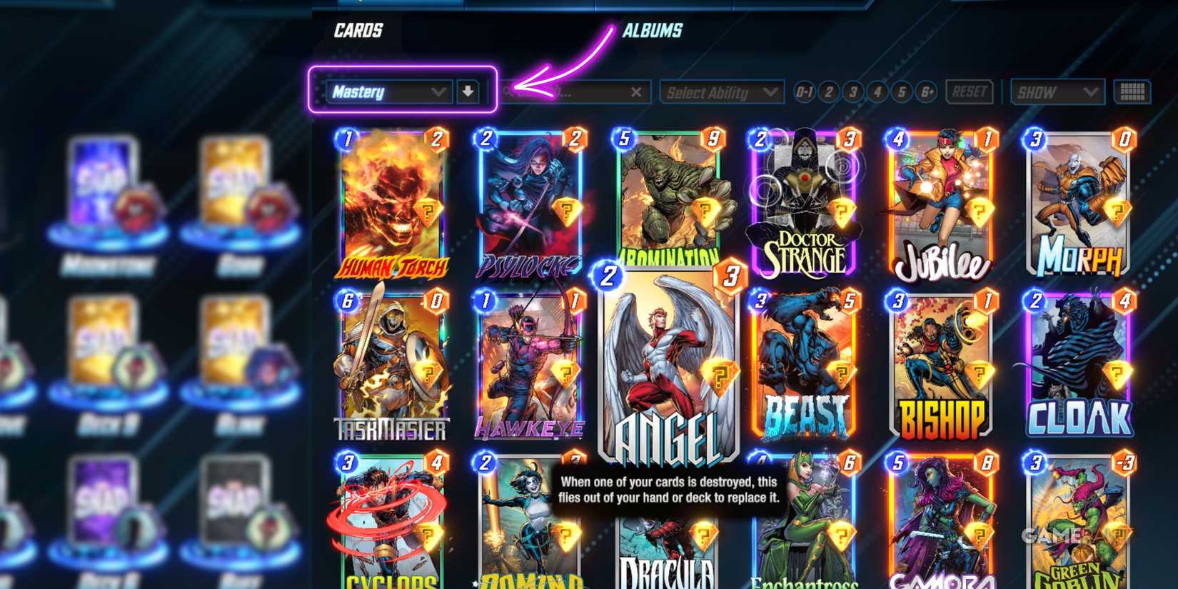 the card mastery filter in marvel snap.