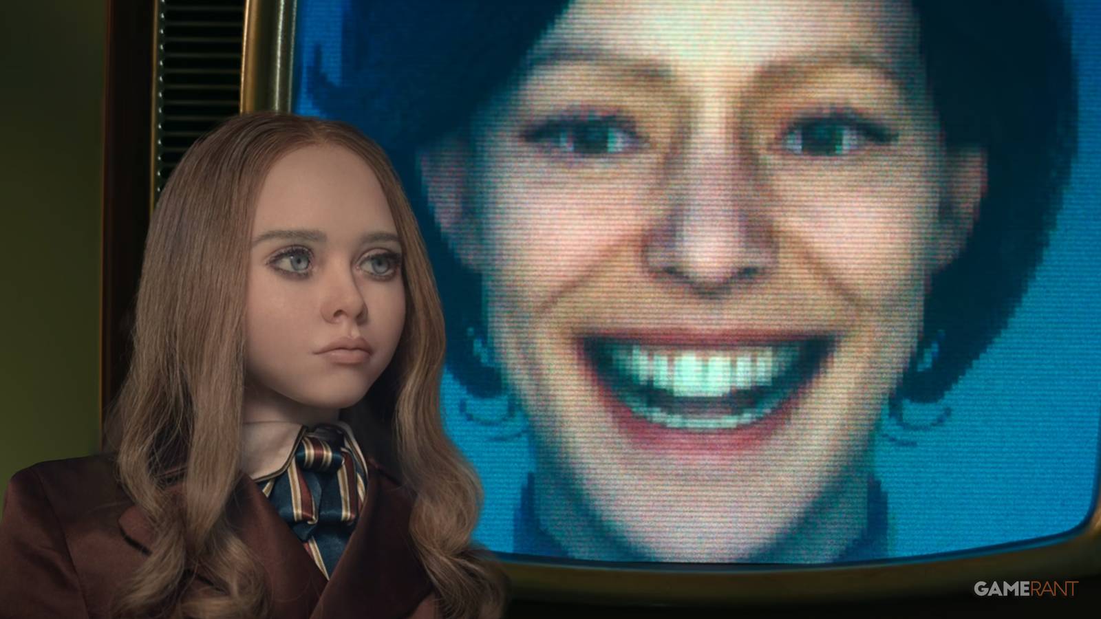 A cold M3gan looks at a menacingly smiling Cassandra [custom image for Gamerant].