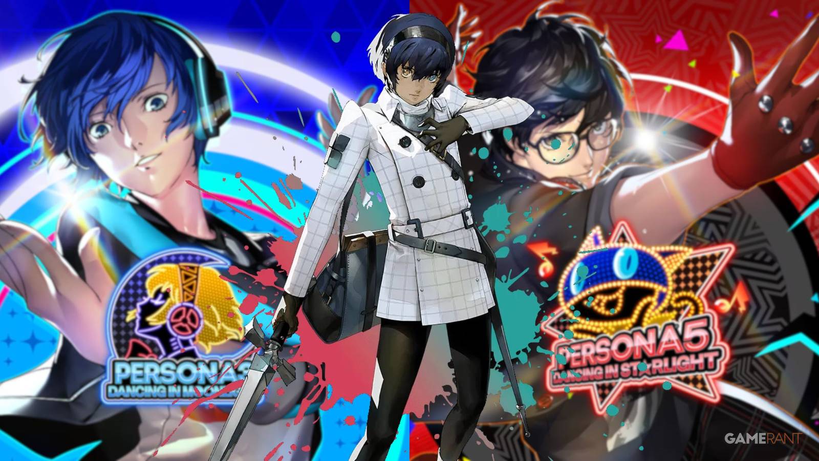 Box art for Persona 3 Dancing in Moonlight and Persona 5 Dancing in Starlight juxtaposed with the main protagonist of Metaphor: ReFantazio