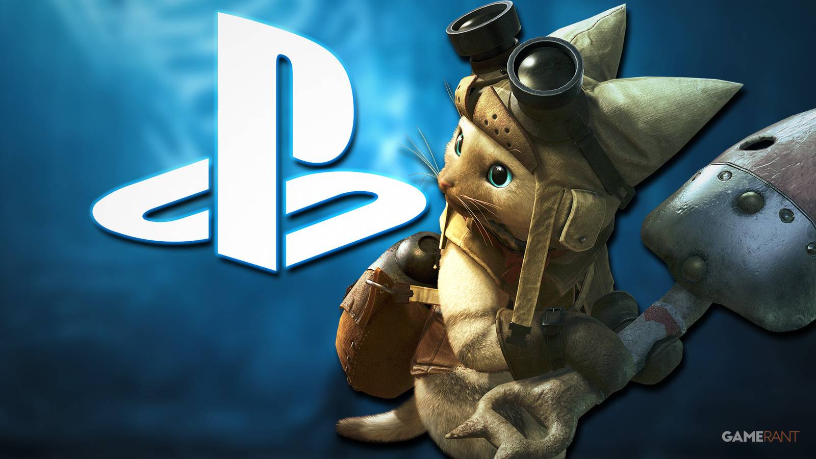 Monster Hunter Wilds Palico next to glowing PlayStation logo emblem submark 2x1 composite blue background