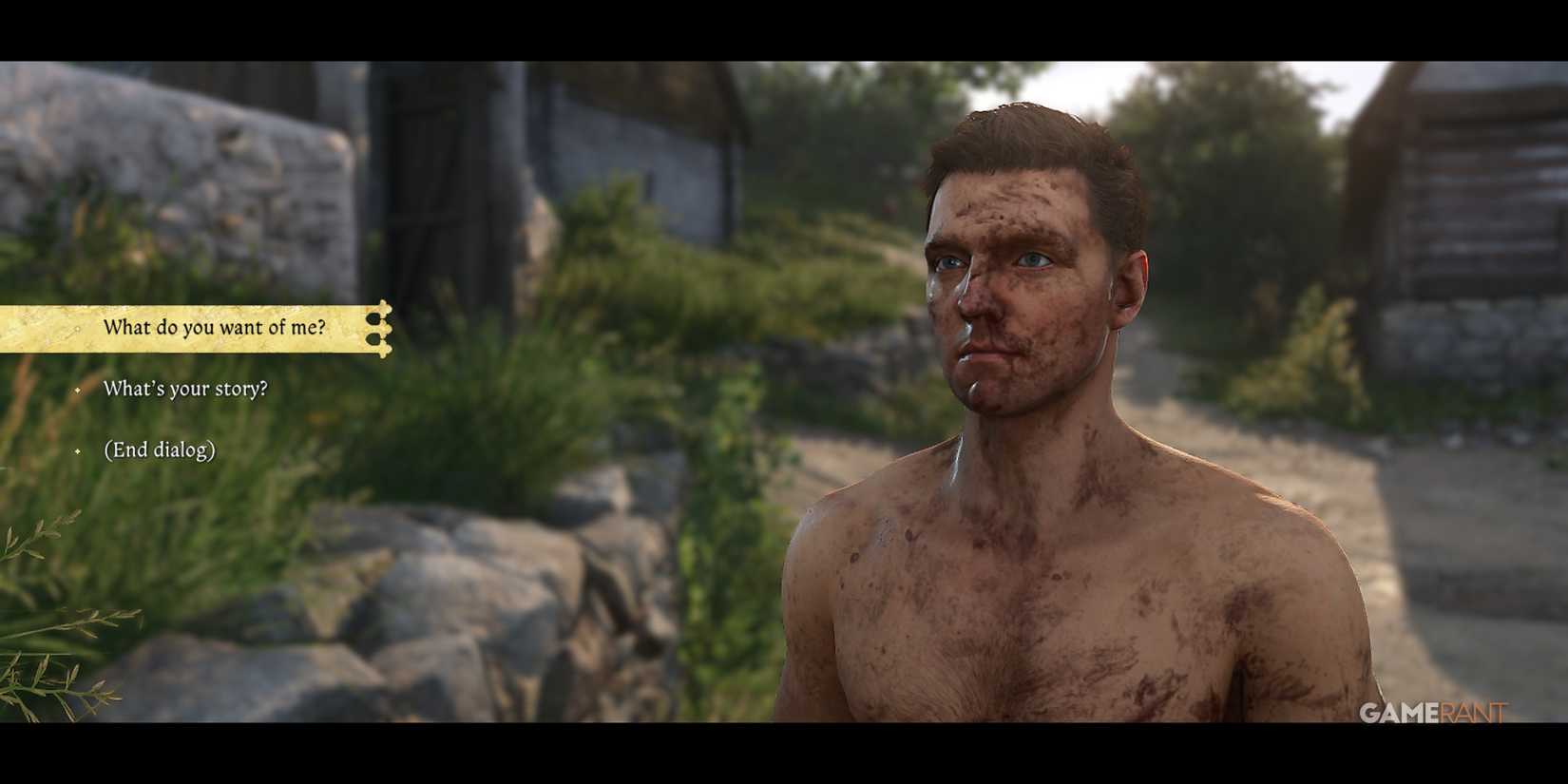 Mud-covered Henry engaging in a dialogue with an NPC in Kingdom Come Deliverance 2