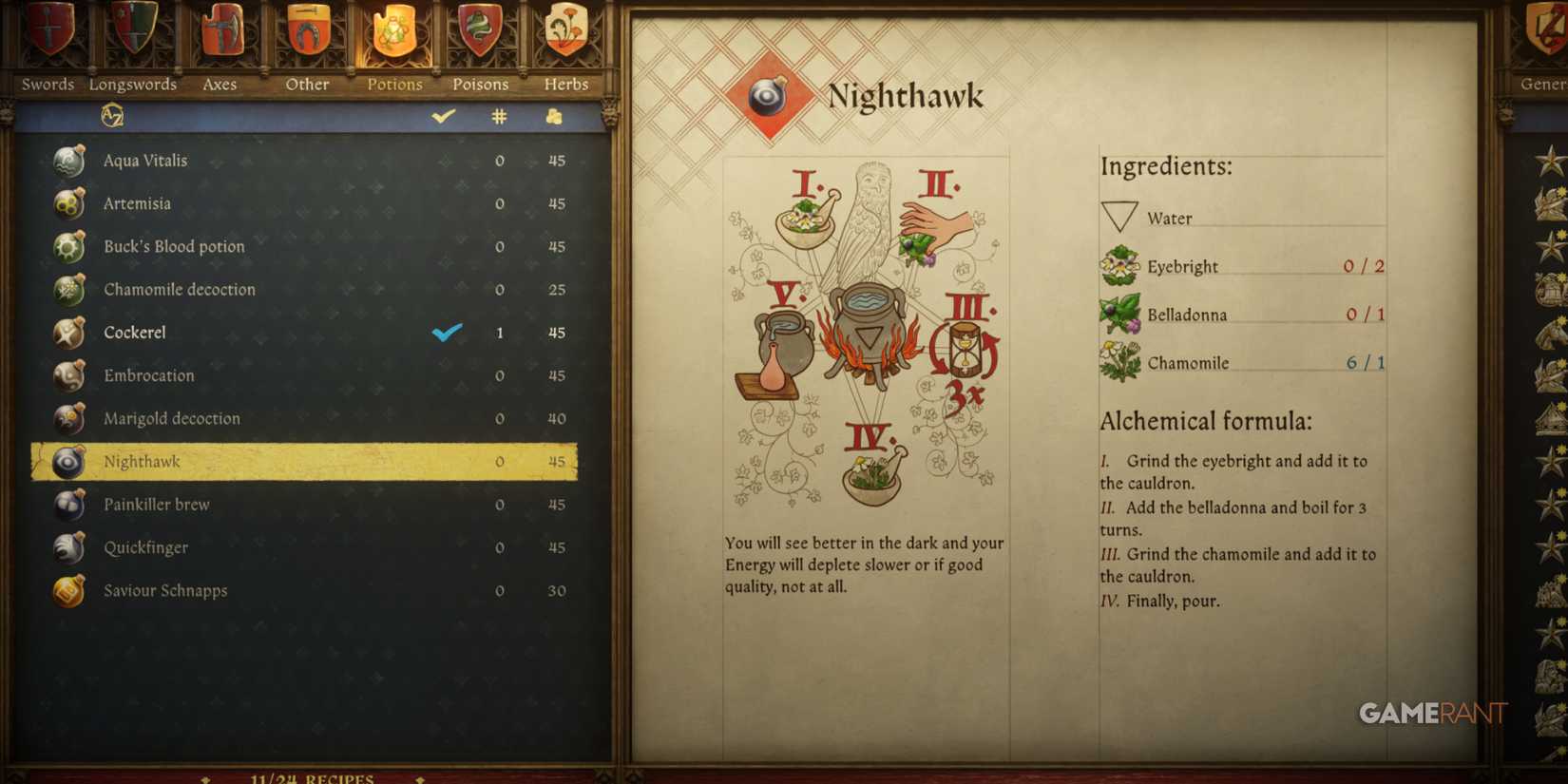 Nighthawk improves night vision, a key choice among the best potions in Kingdom Come Deliverance 2