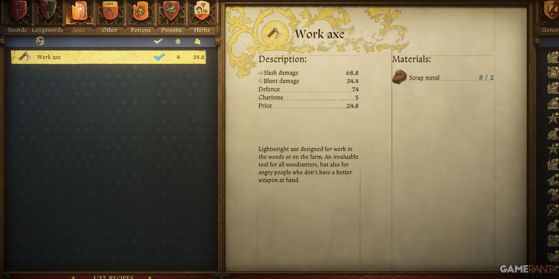 nventory screen detailing the stats and crafting materials of the work axe in Kingdom Come Deliverance 2