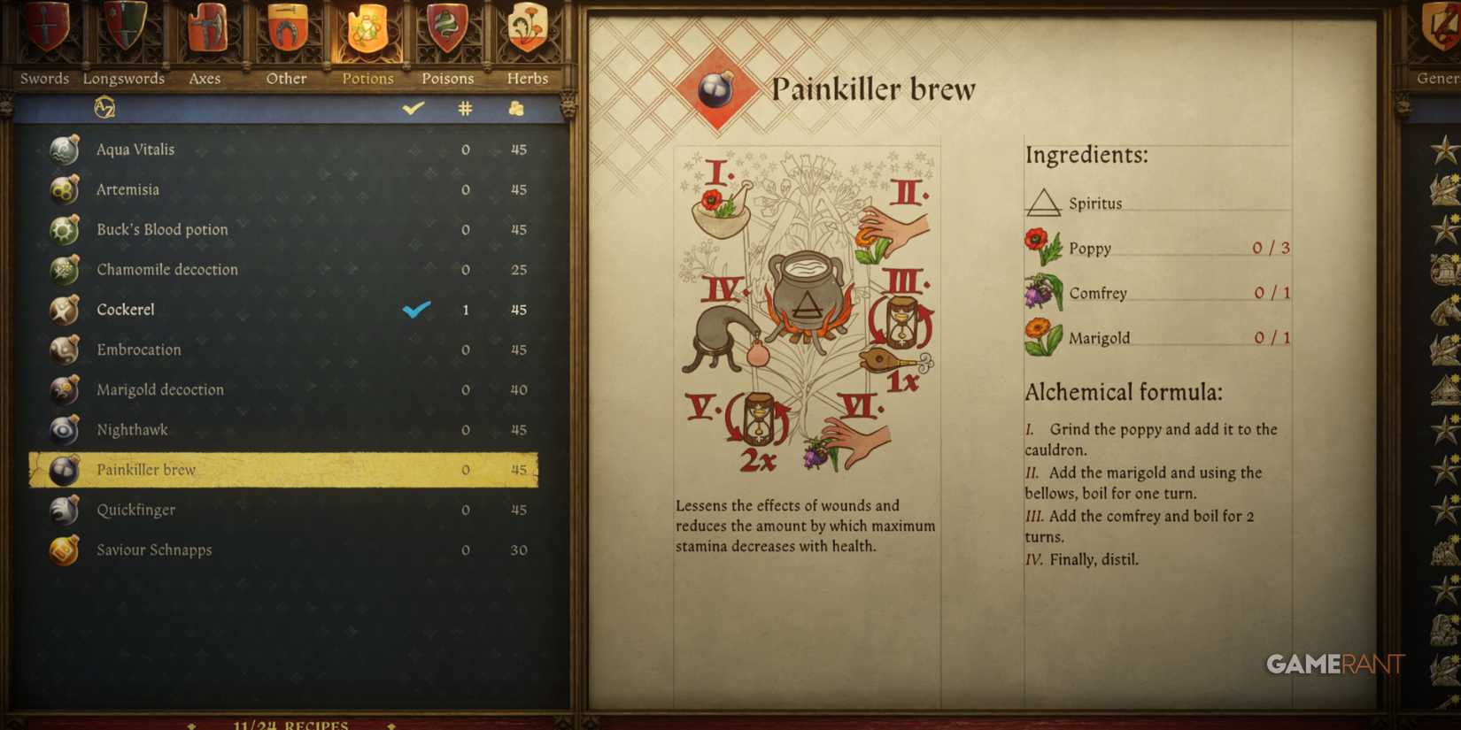 Painkiller Brew reduces wound effects, an essential pick in the best potions for Kingdom Come Deliverance 2