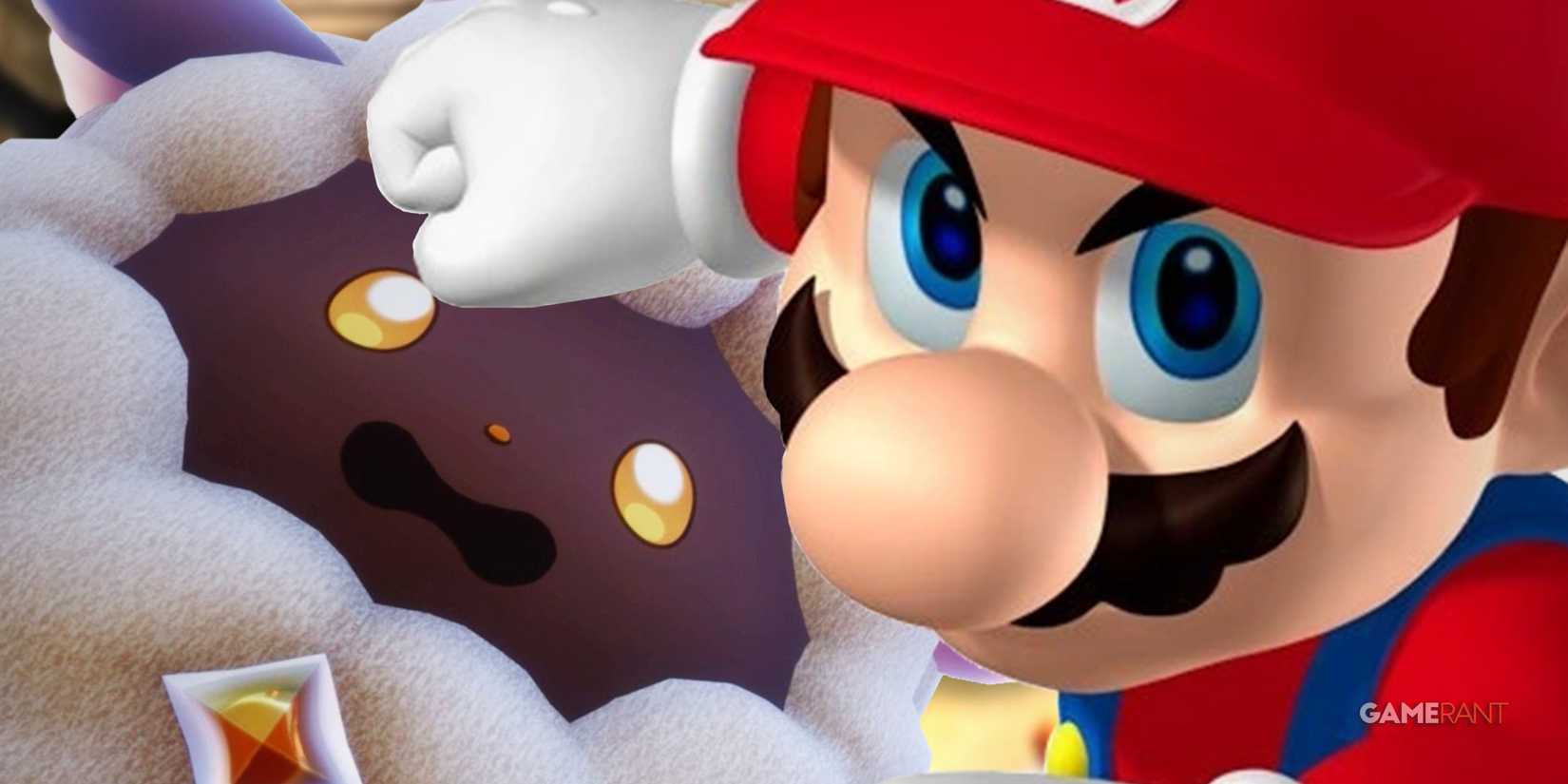 Palworld Lamball scared next to Super Mario throwing a punch 2x1 composite close-up