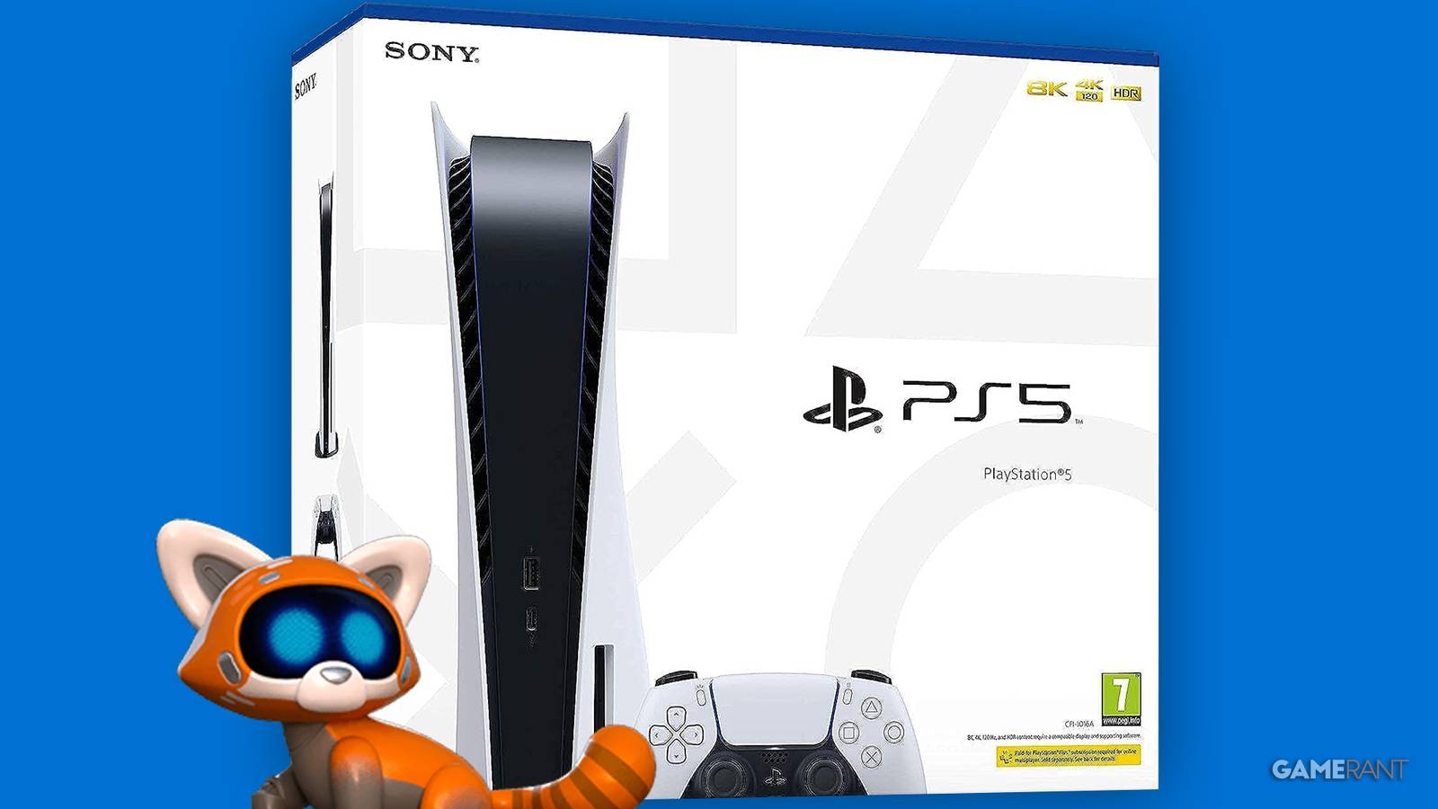 PlayStation 5 box with Astro Bot red panda blue background 2x1 composite image