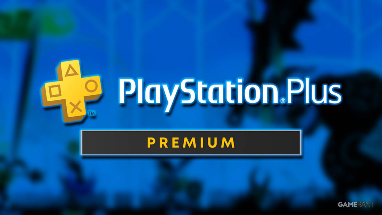 PlayStation Plus Premium logo blurred blue-tinted Patapon 3 promo gameplay screenshot