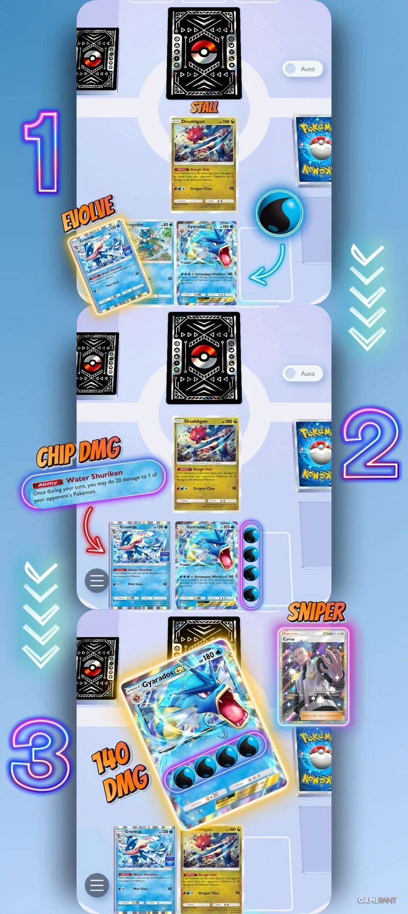 the play line of gyarados ex and greninja deck in pokemon tcg pocket.