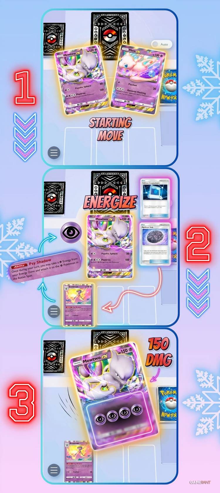 the play line of mewtwo ex and gardevoir in pokemon tcg pocket.