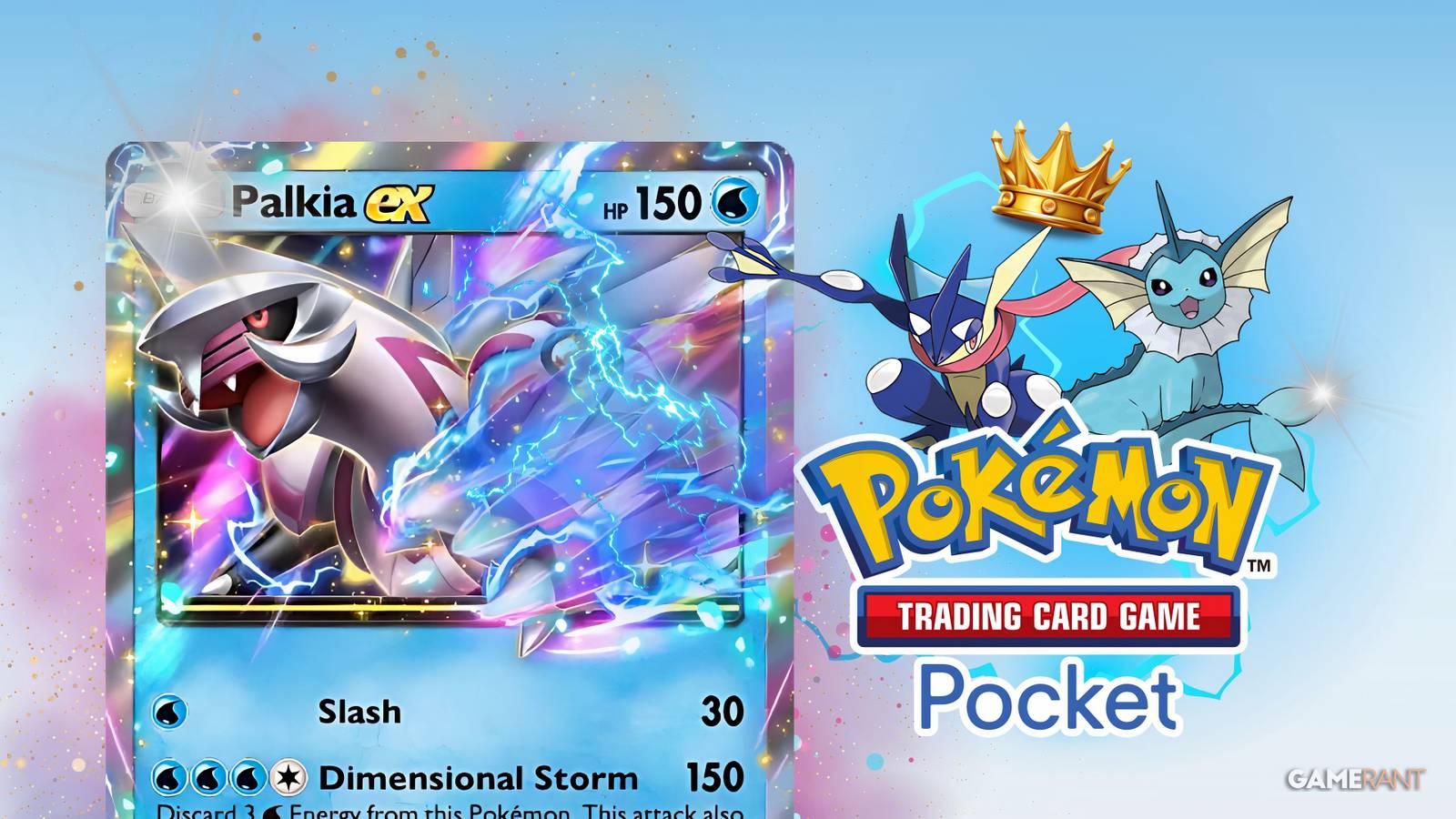 palkia ex, greninja, and vaporeon alongside pokemon tcg pocket's logo.