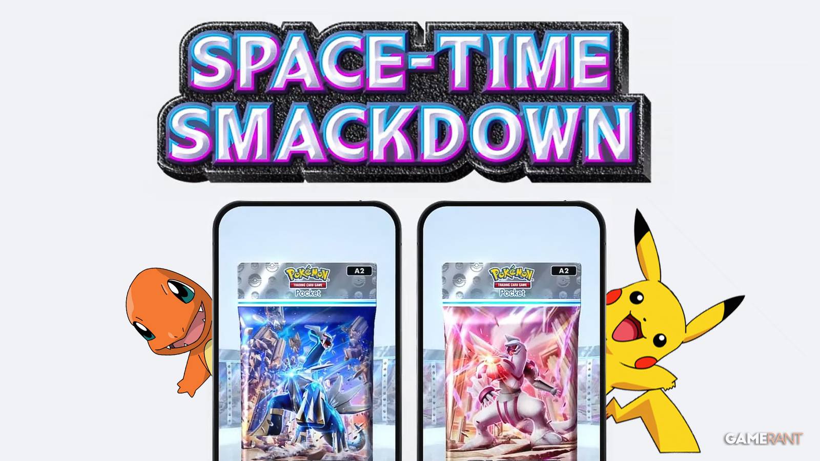 Pokemon TCG Pocket Space-Time Smackdown packs logo with Charmander Pikachu sprites 2x1 composite