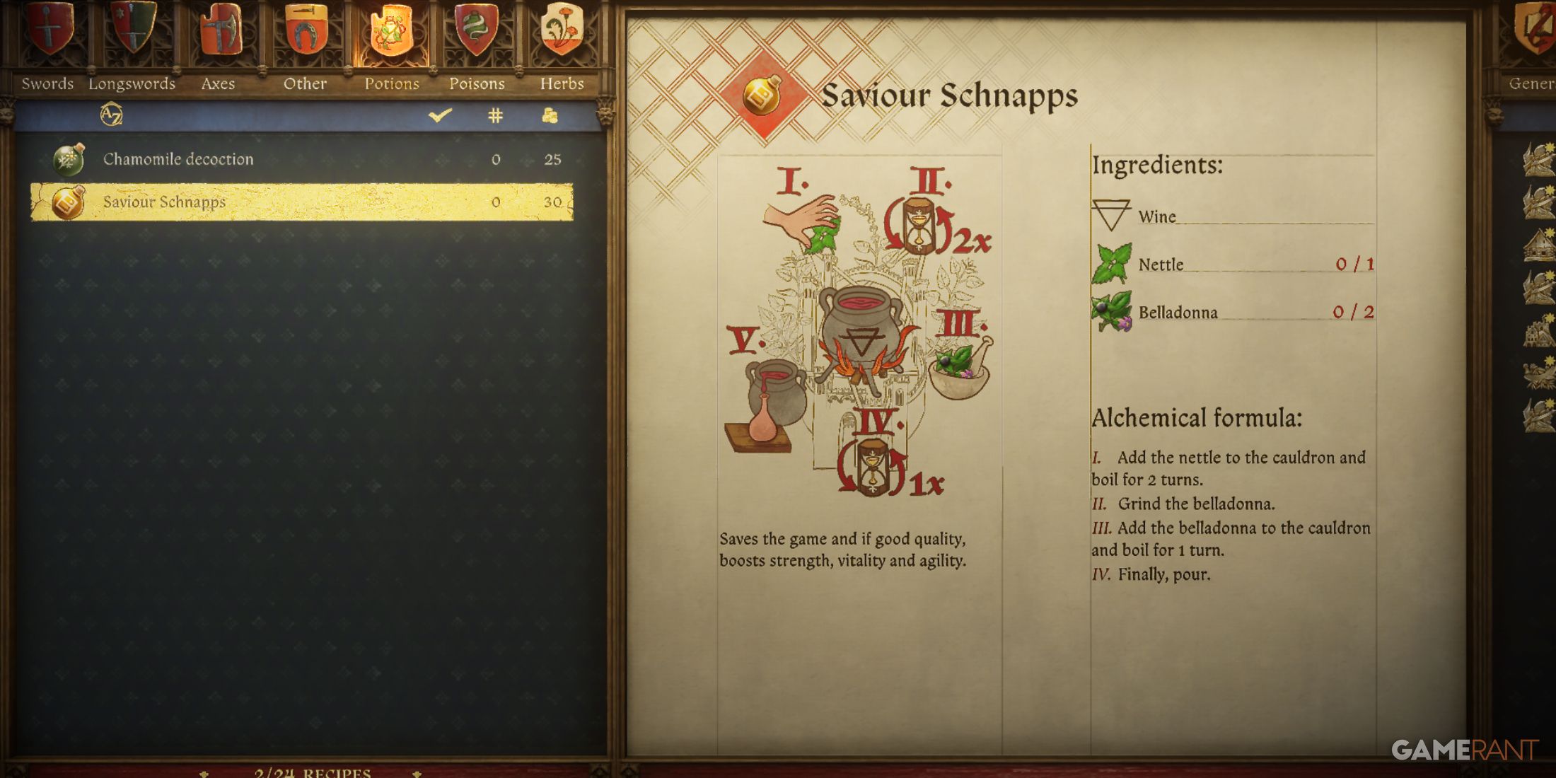 Recipe for crafting Saviour Schnapps displayed in the alchemy menu in Kingdom Come Deliverance 2