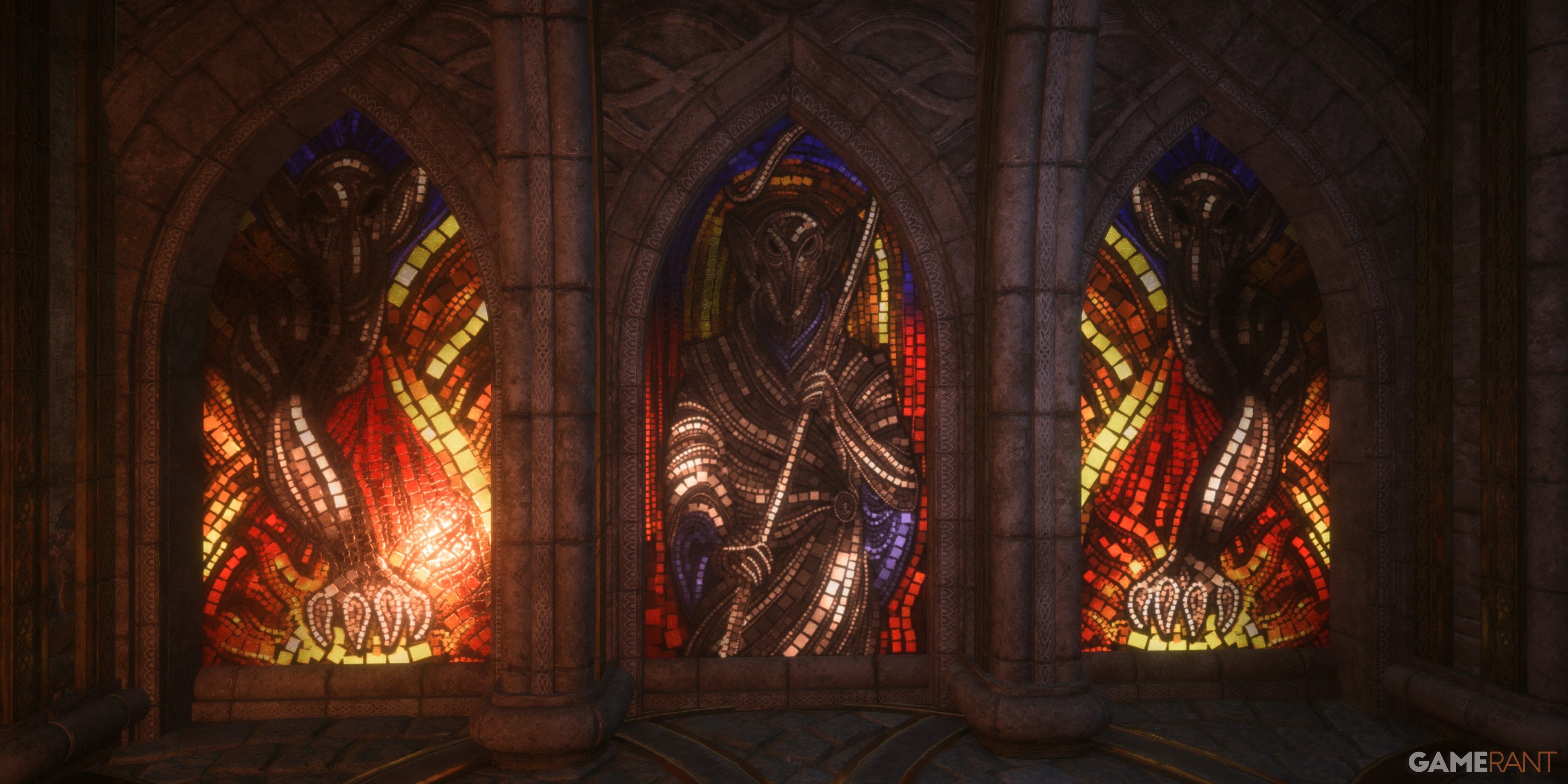 Stained glass depictions of the Evanuris in Veilguard reminiscent to Inquisition