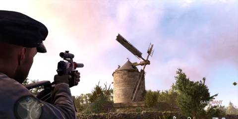 Sniper Elite Resistance shooting stone eagle on top of a windmill