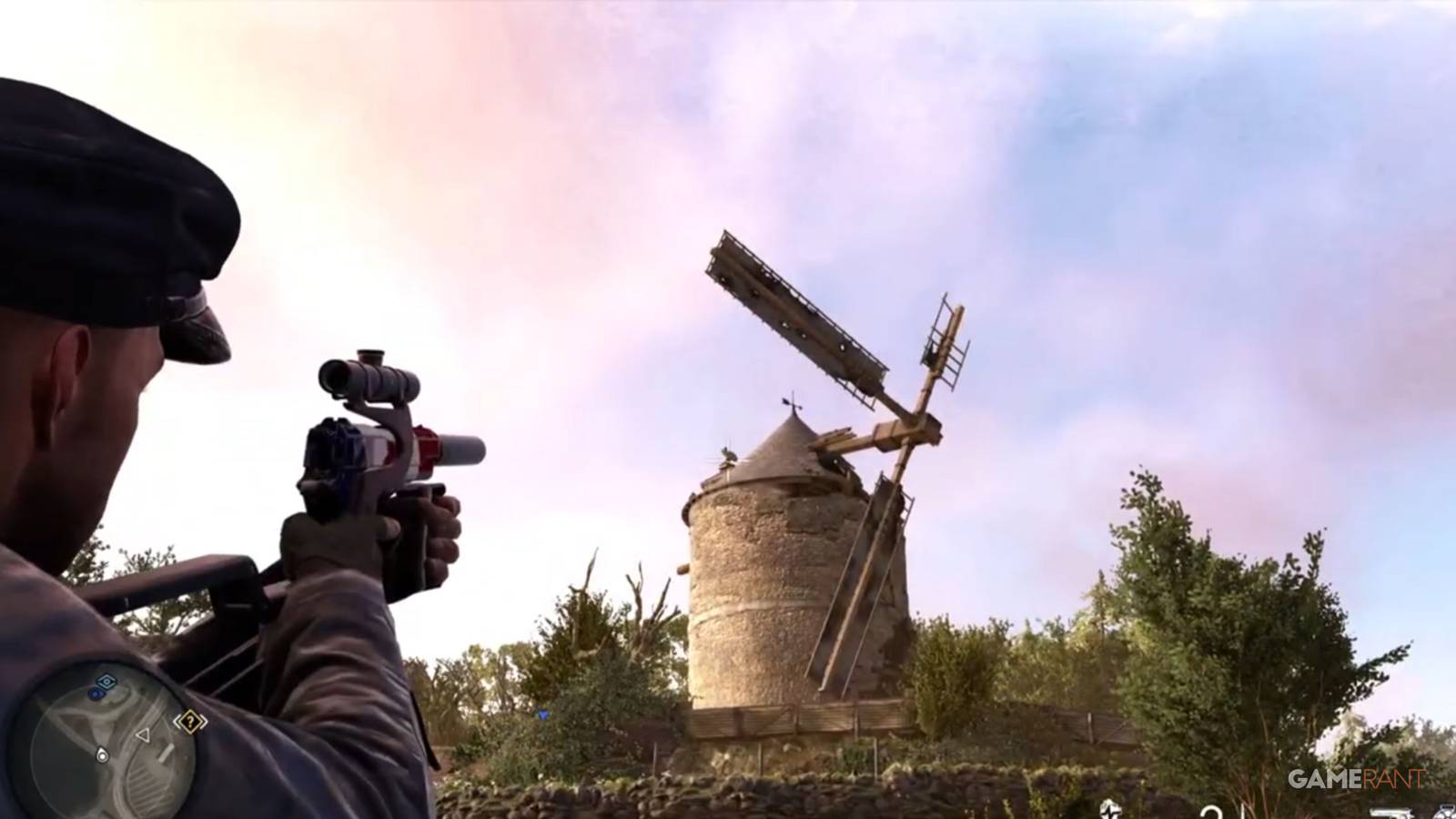 Sniper Elite Resistance shooting stone eagle on top of a windmill