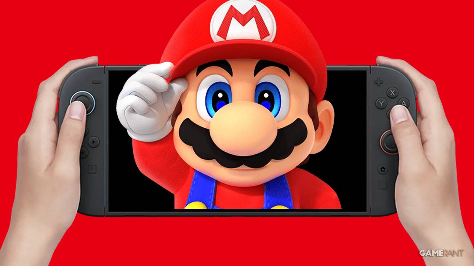 Super Mario holding his hat while merging from hand-held Nintendo Switch 2 on red background 2x1 composite