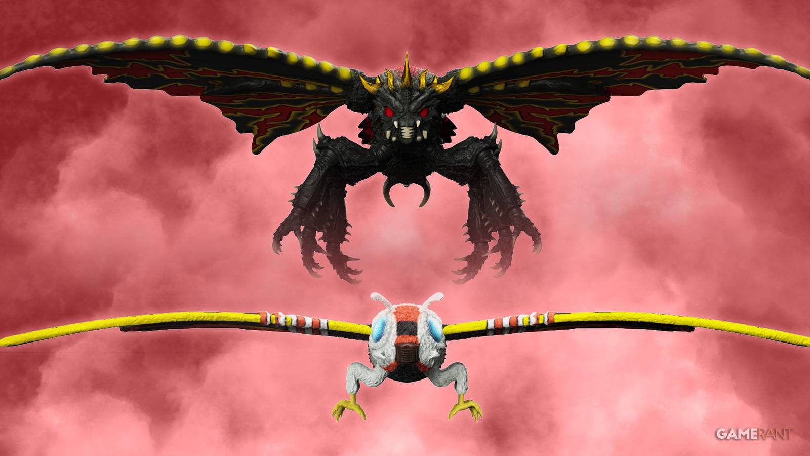 Super7 Battra Mothra MonsterVerse Godzilla figures 2x1 composite smoke on red background