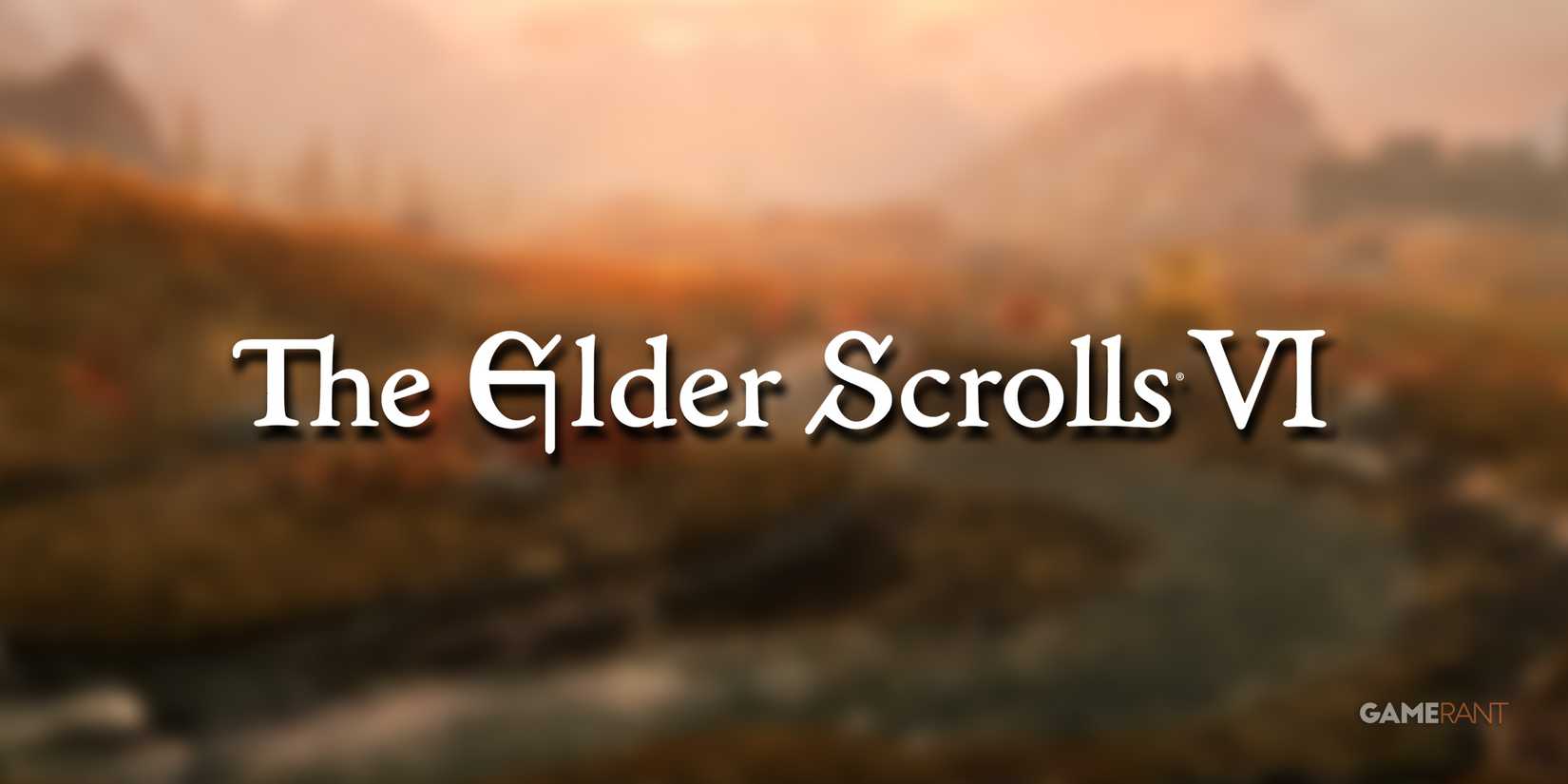 The Elder Scrolls 6 white logo over blurred landscape sunset