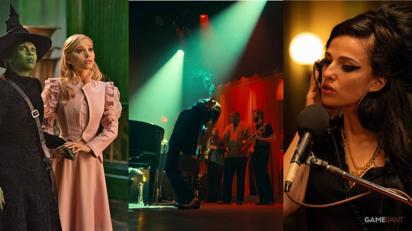 three illustrations of cast members from movie musicals