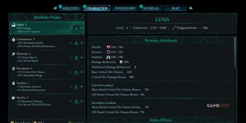 A player looking at the Attribute page in Avowed