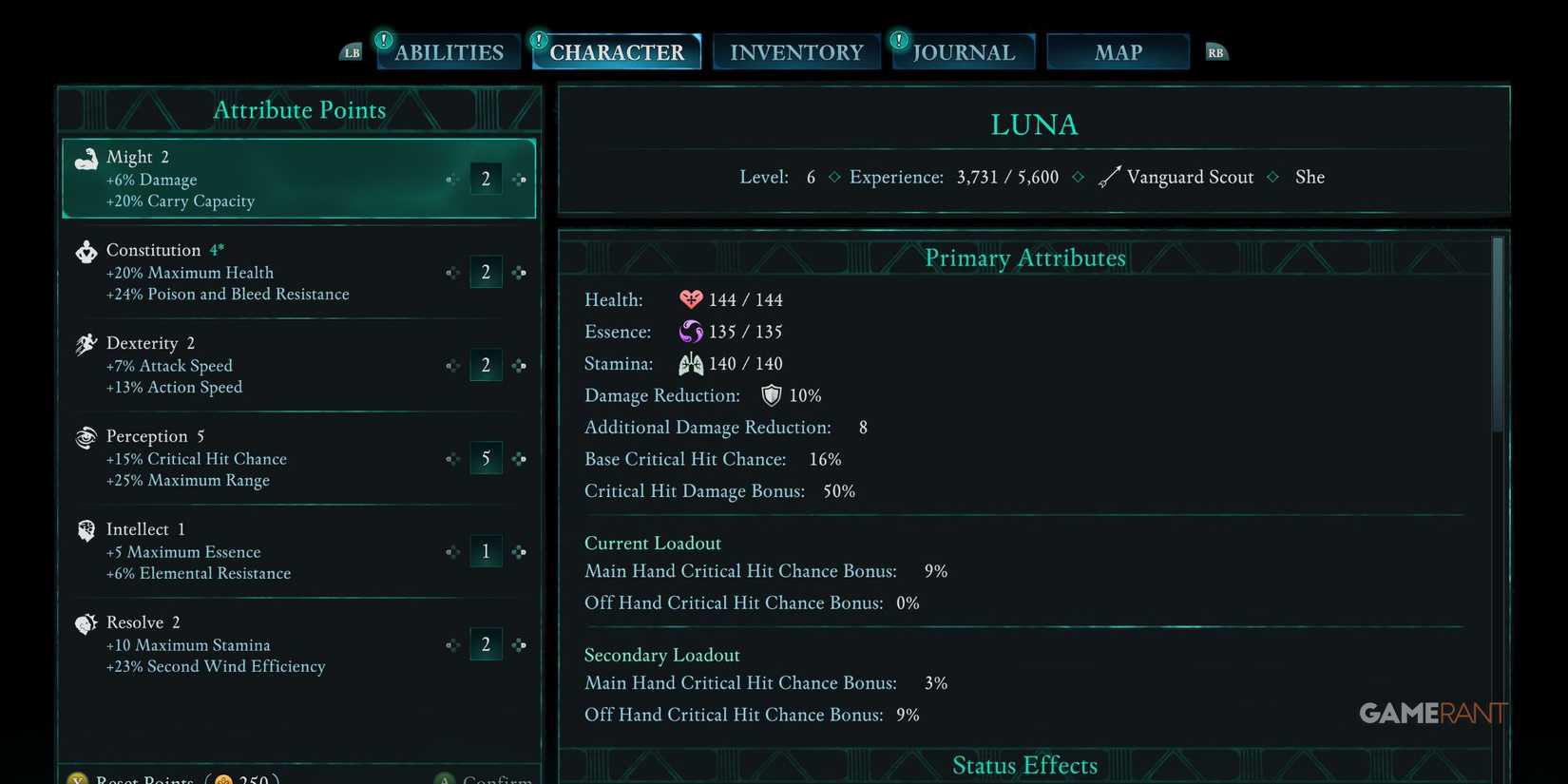 A player looking at the Attribute page in Avowed