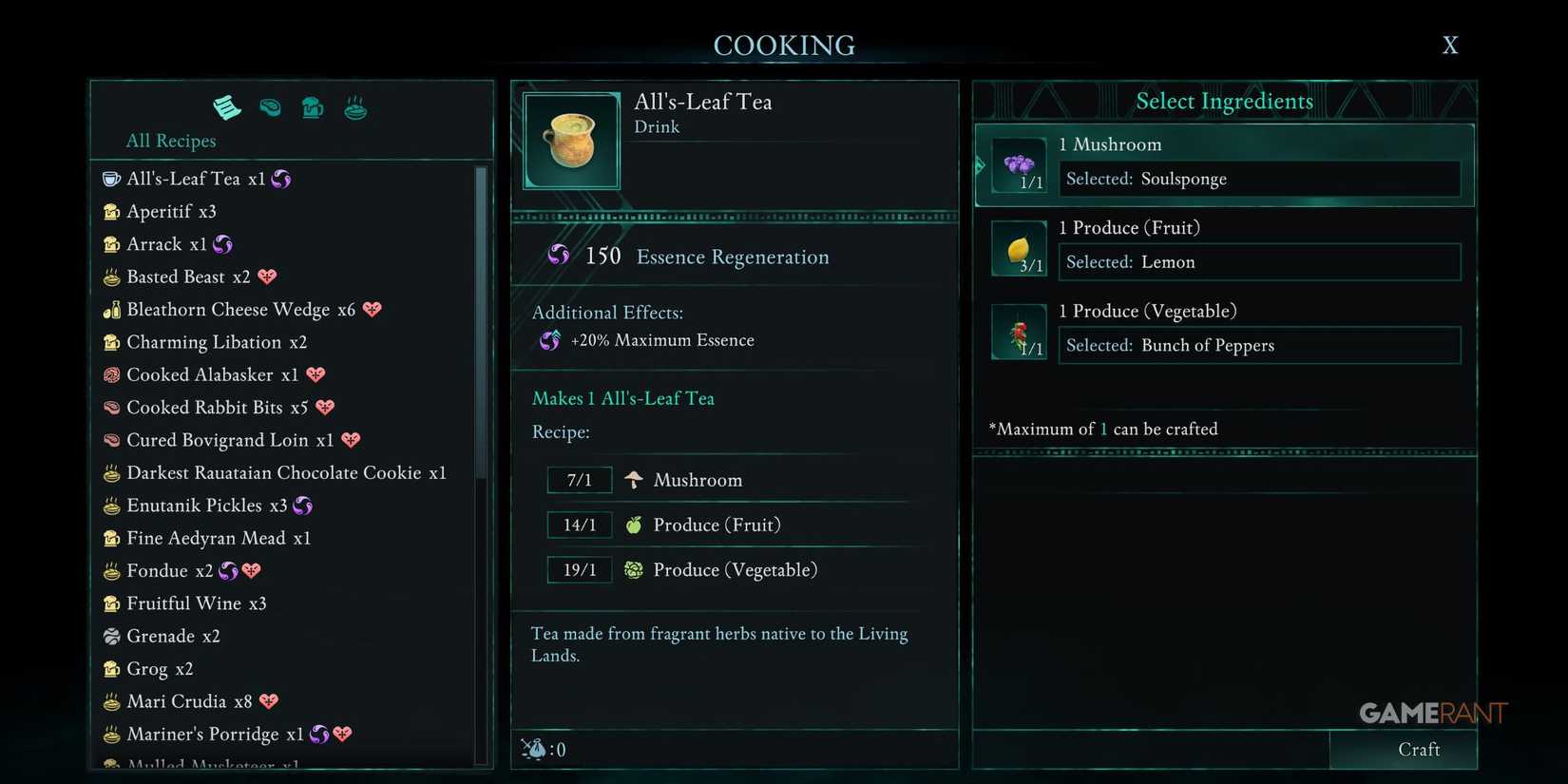 All-Leaf's Tea recipe in Avowed