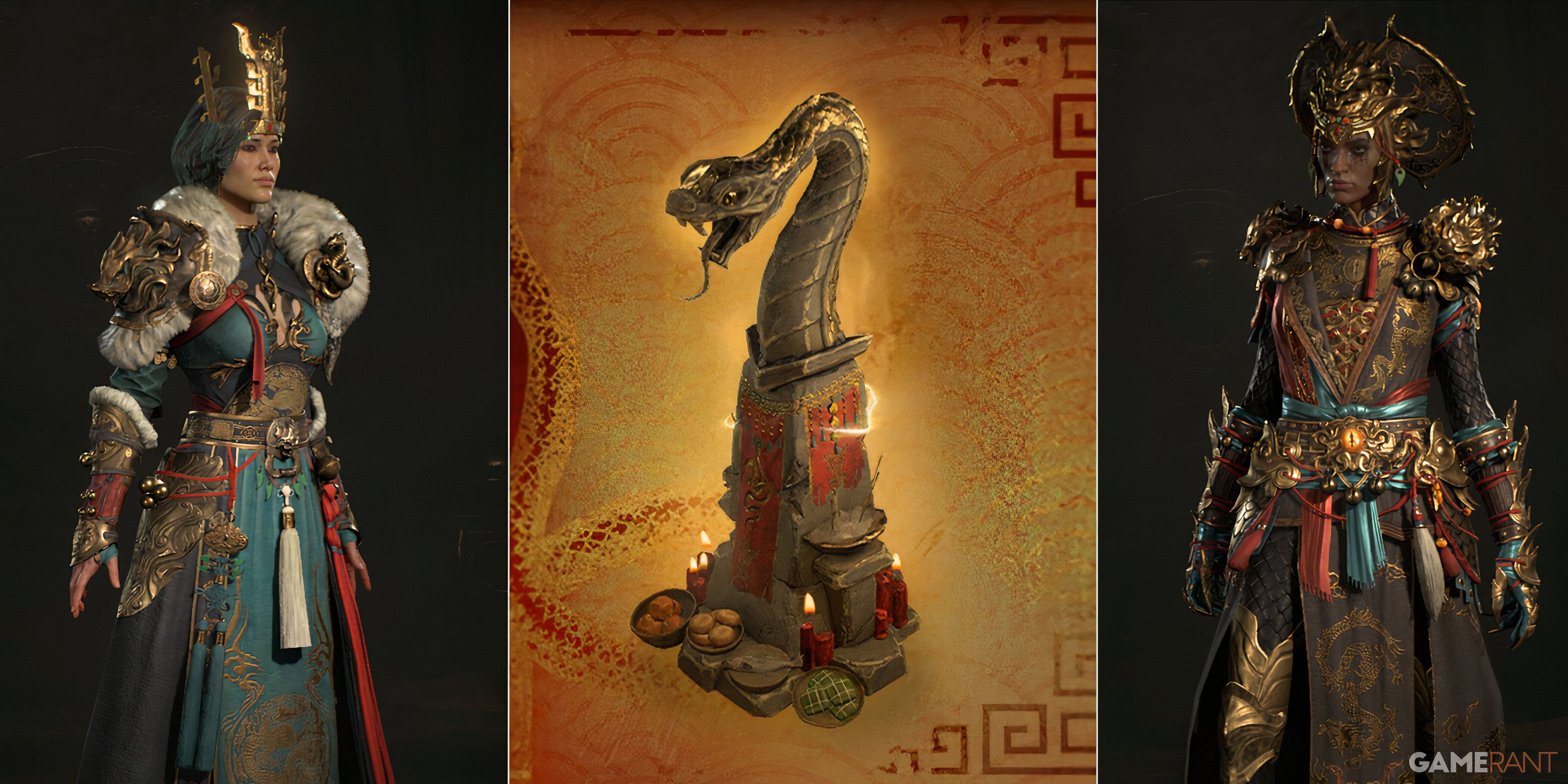 A serpent shrine and two of the exclusive skins from this year's Diablo 4 Lunar Awakening Event