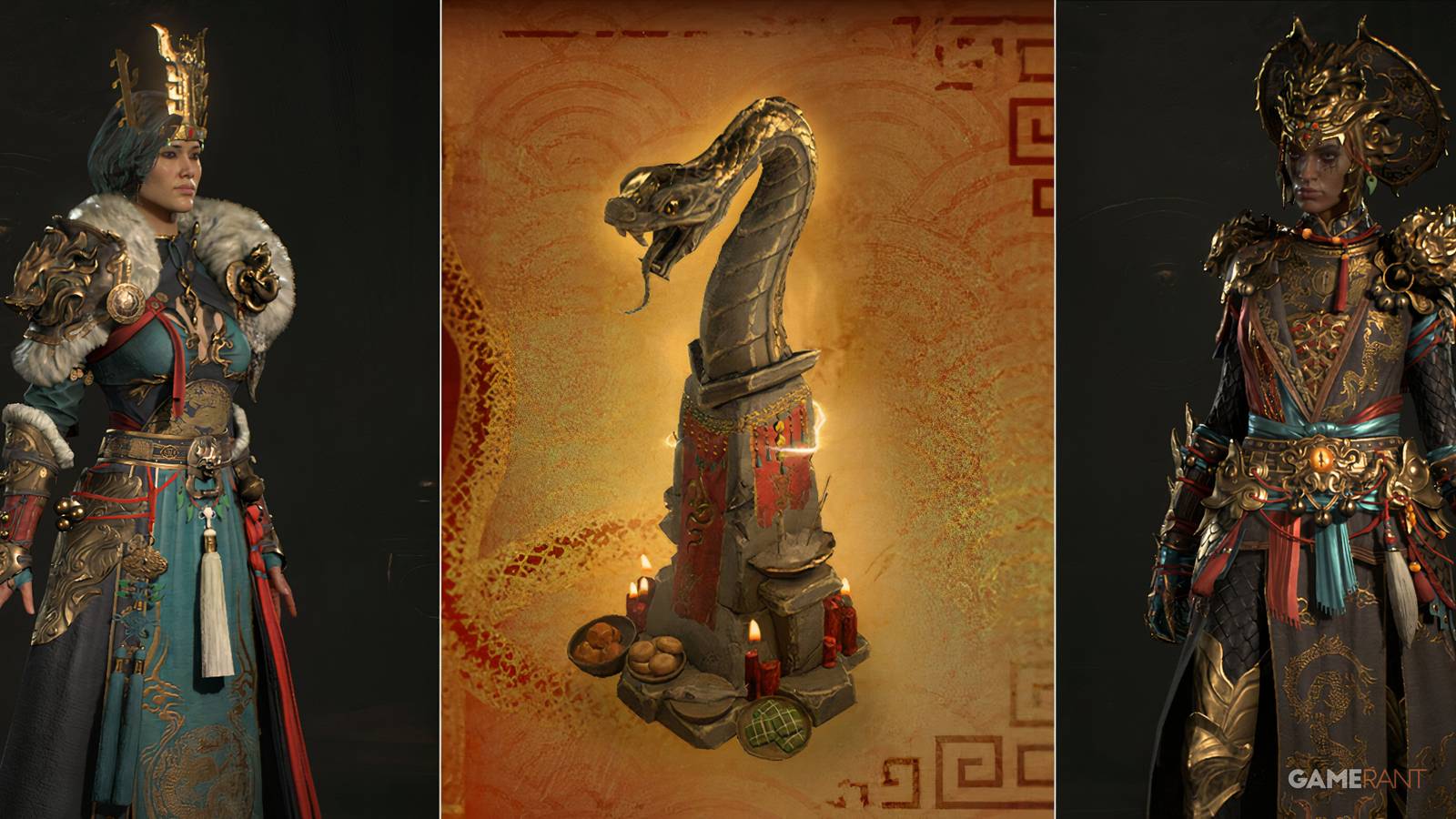 A serpent shrine and two of the exclusive skins from this year's Diablo 4 Lunar Awakening Event