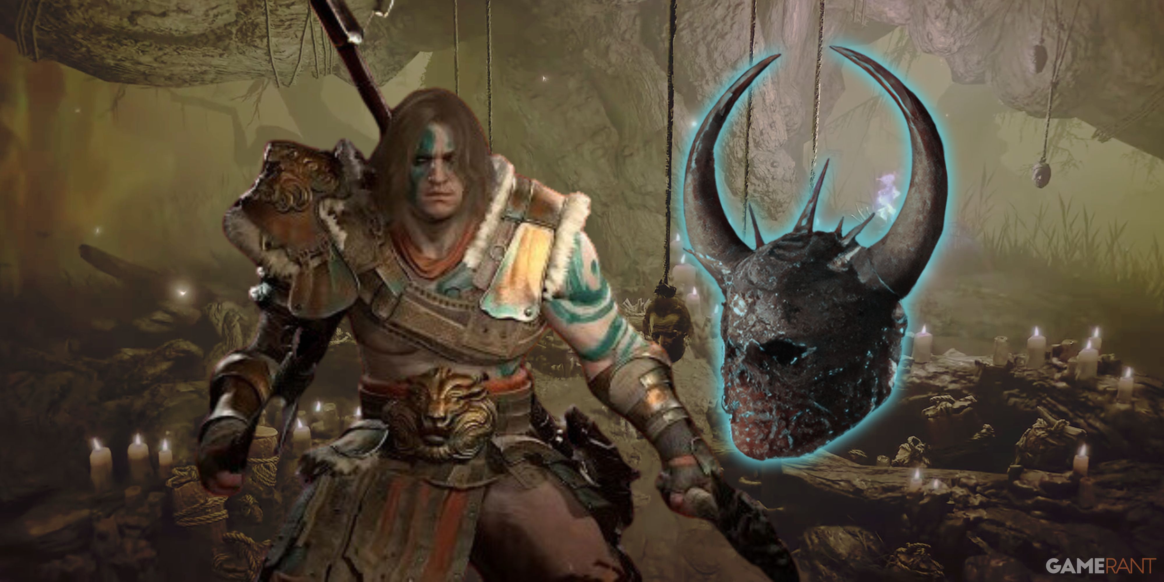 a barbarian and the ugly bastard helm alongside the tree of whispers in diablo 4