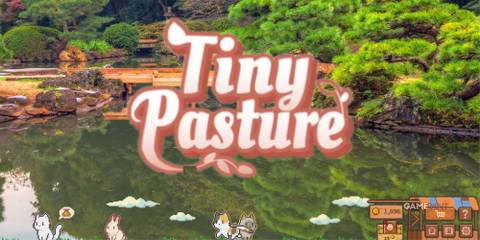 A screenshot of tiny pasture with the game logo overhead