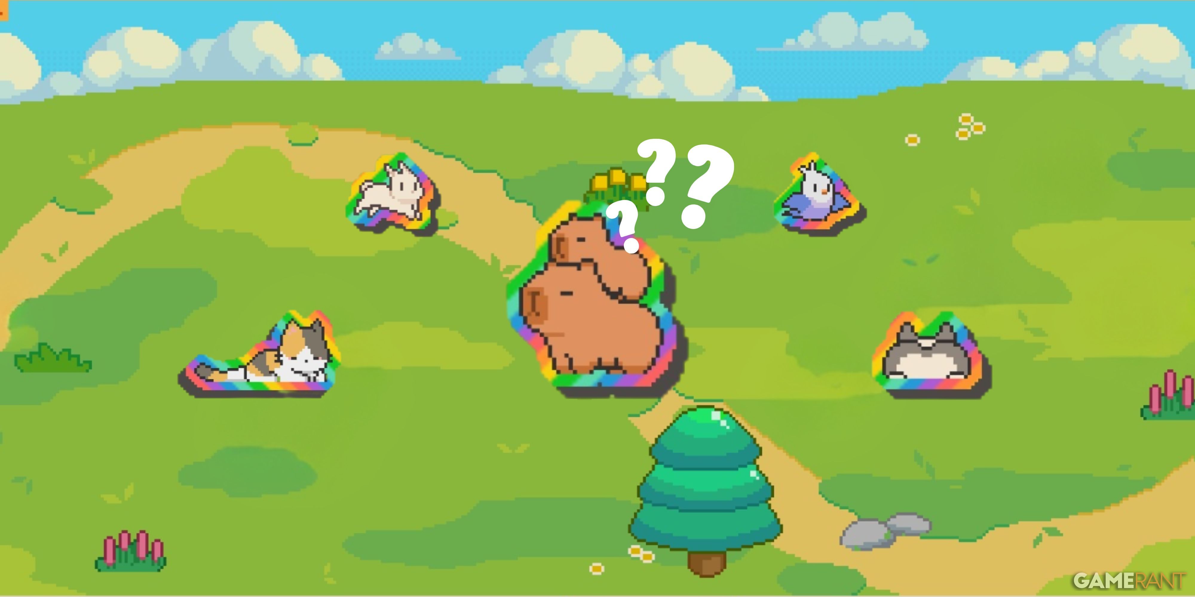 A rainbow cat, rabbit, parrot, corgi, and capybara on a buccolic background