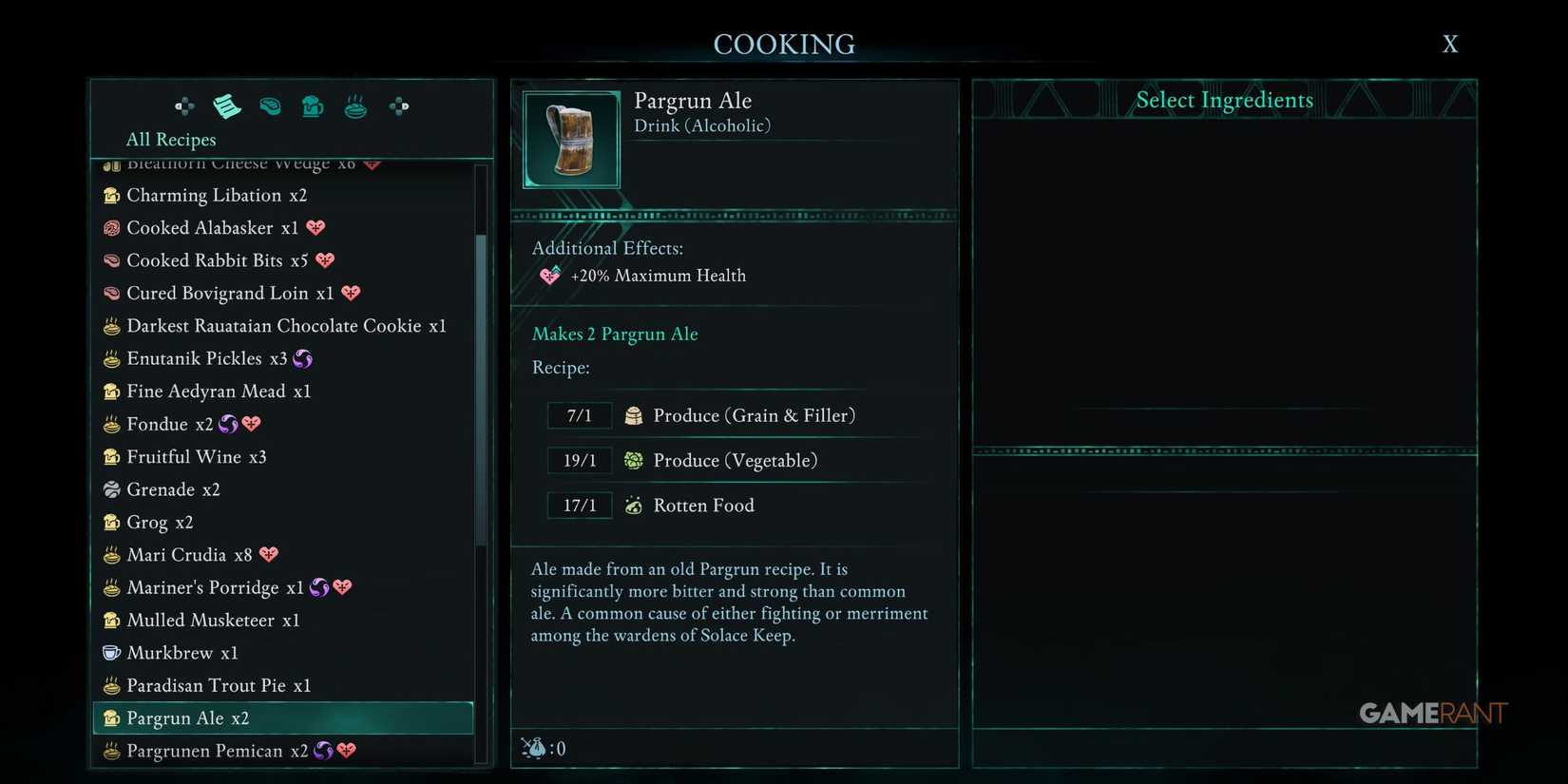 Pargrun Ale recipe in Avowed