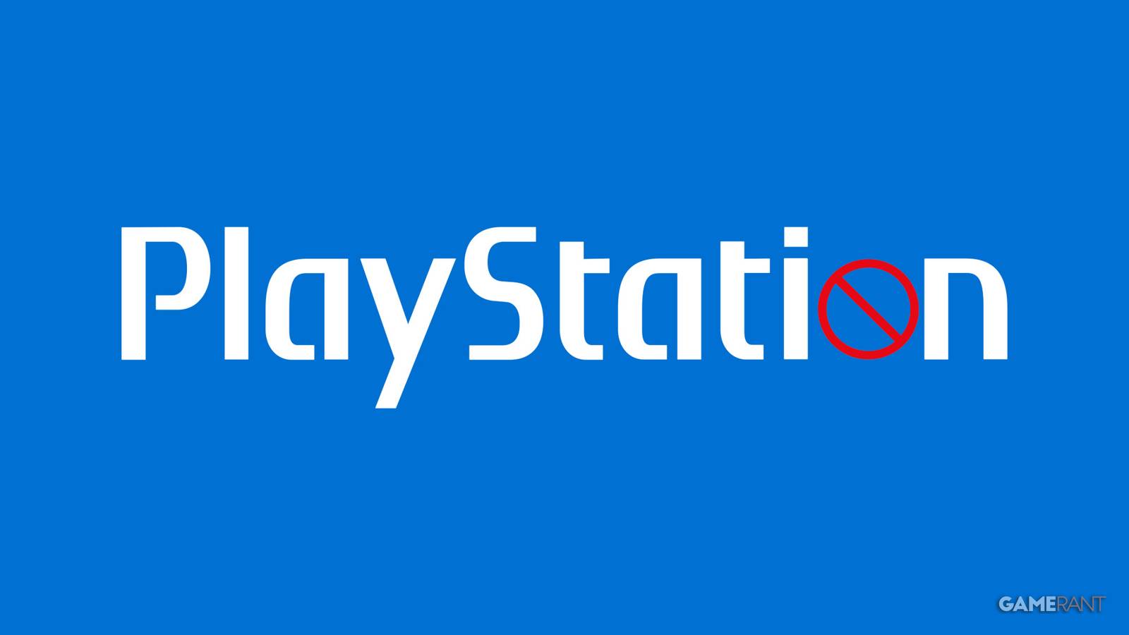 white PlayStation logo with prohibited emoji in place of O blue background 2x1 composite
