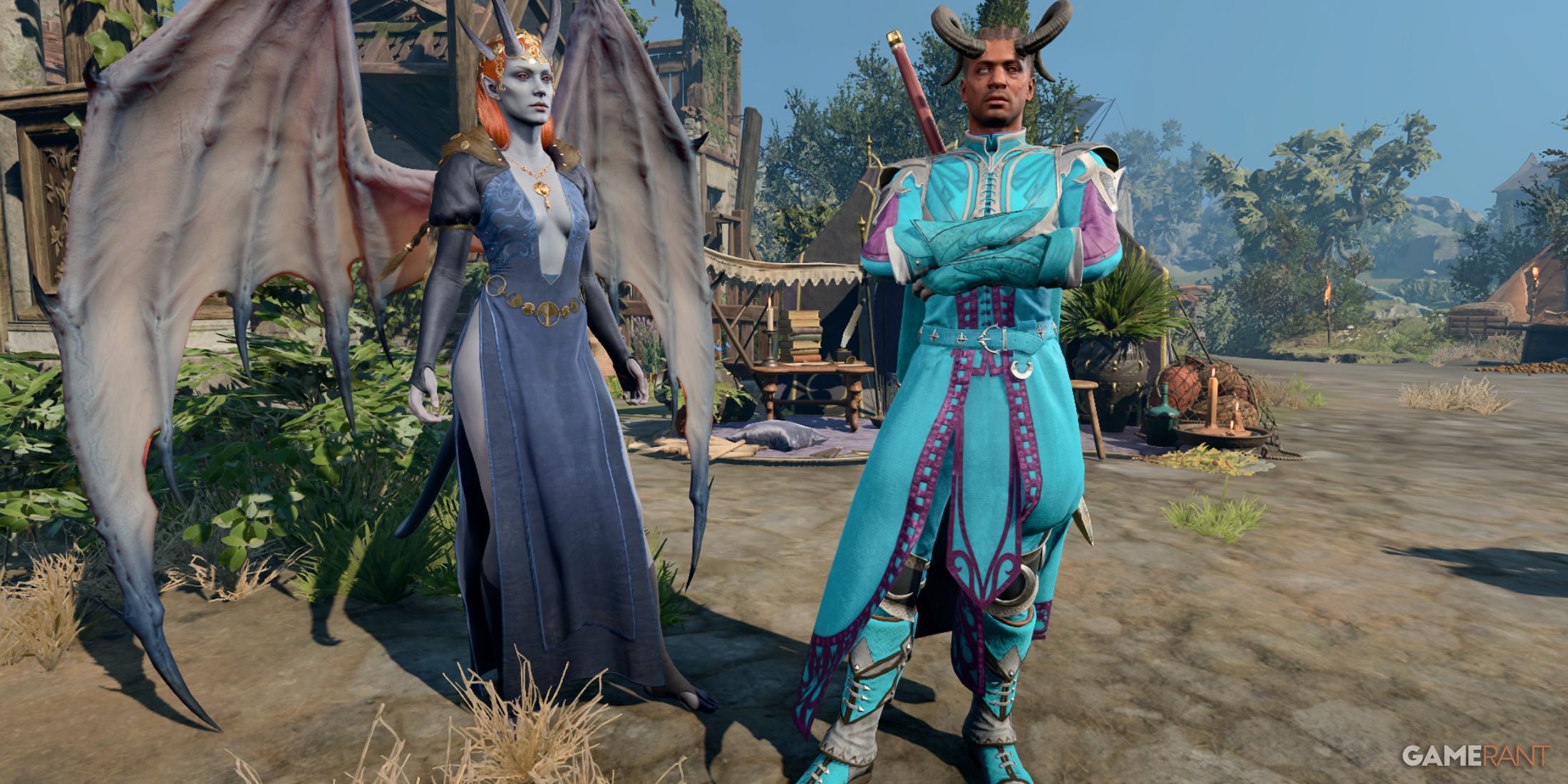 Wyll in blue robes and a winged drow stand in Baldur’s Gate 3 wearing Eilistraee’s Armory mod gear