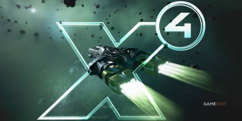 X4 Foundations spacecraft flying through asteroid field with transluscent game logo 2x1 composite