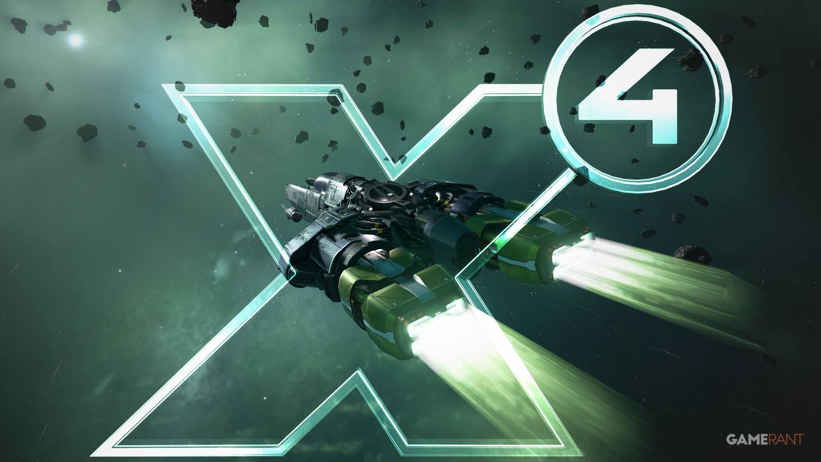 X4 Foundations spacecraft flying through asteroid field with transluscent game logo 2x1 composite