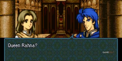 A conversation scene in Fire Emblem Genealogy of the Holy War, a tactical RPG about war