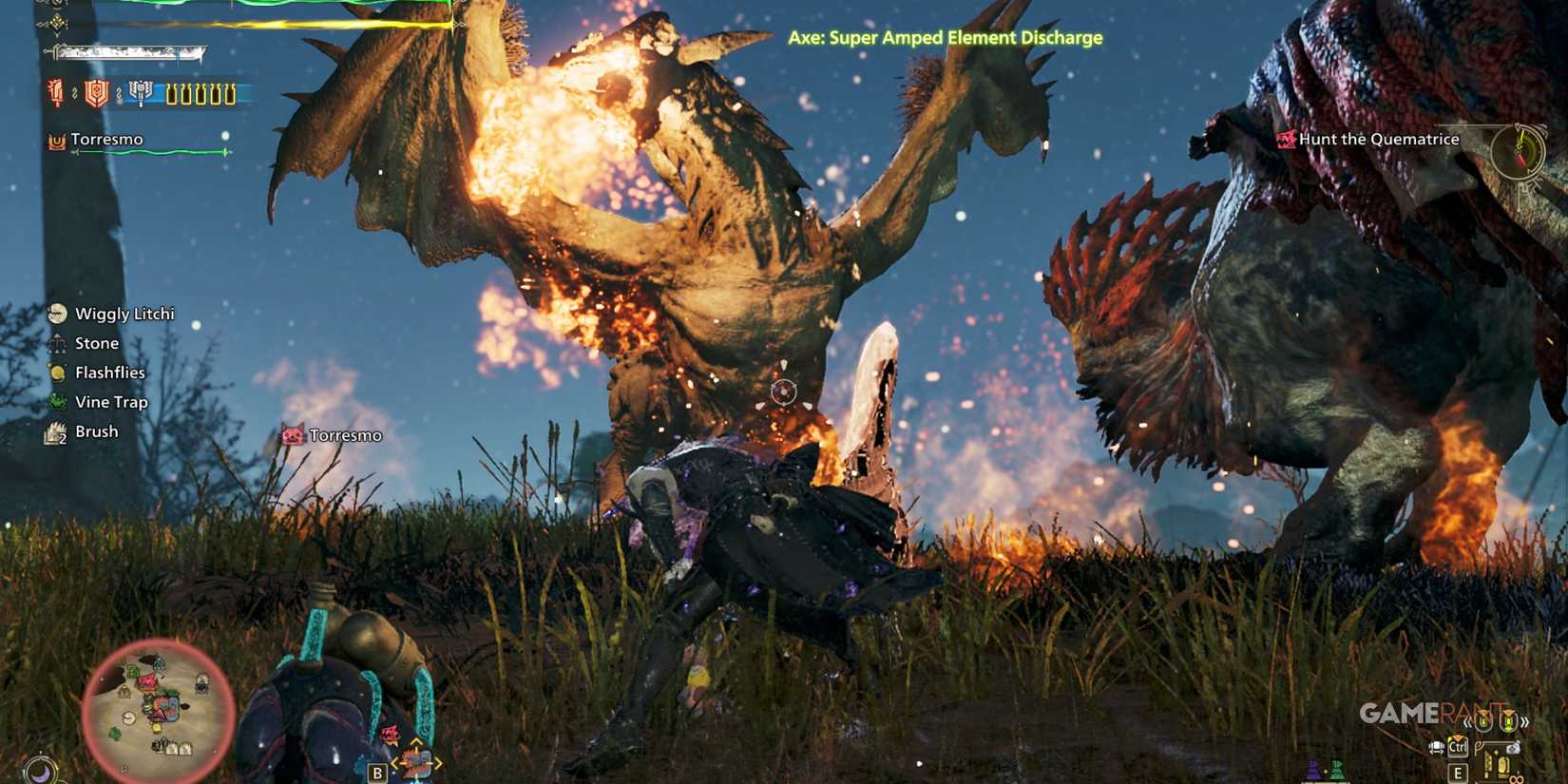 A hunter unleashes a Super Amped Element Discharge as Quematrice and another monster battle in Monster Hunter Wilds-1