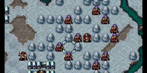 A snowy battlefield in Fire Emblem Genealogy of the Holy War, a tactical RPG featuring war tactics