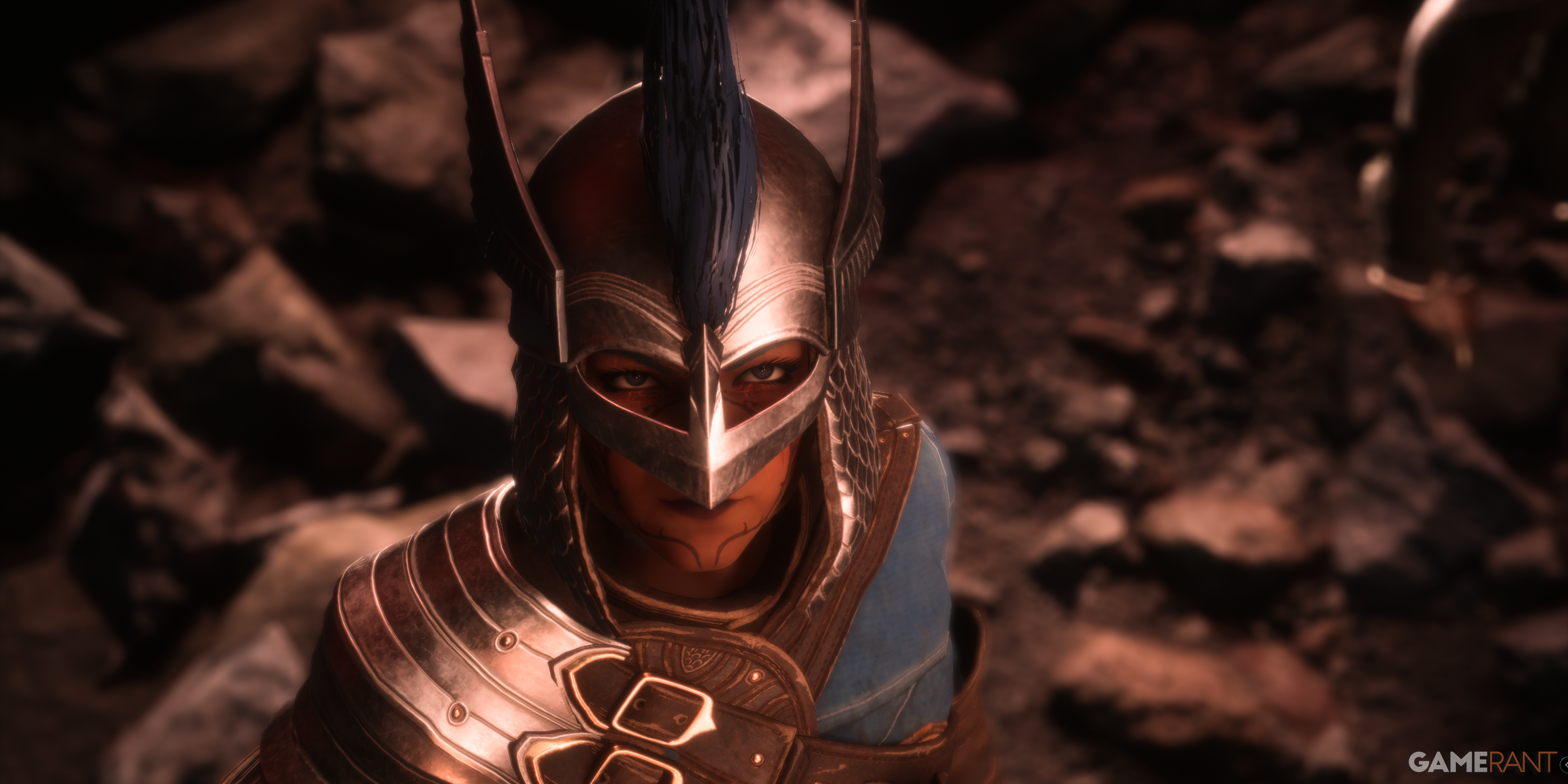 A Thorne Rook looks up defiantly  in full Grey Warden regalia