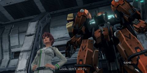 Alexa stands beside an orange Skell while reassuring the team in Xenoblade Chronicles X Definitive Edition